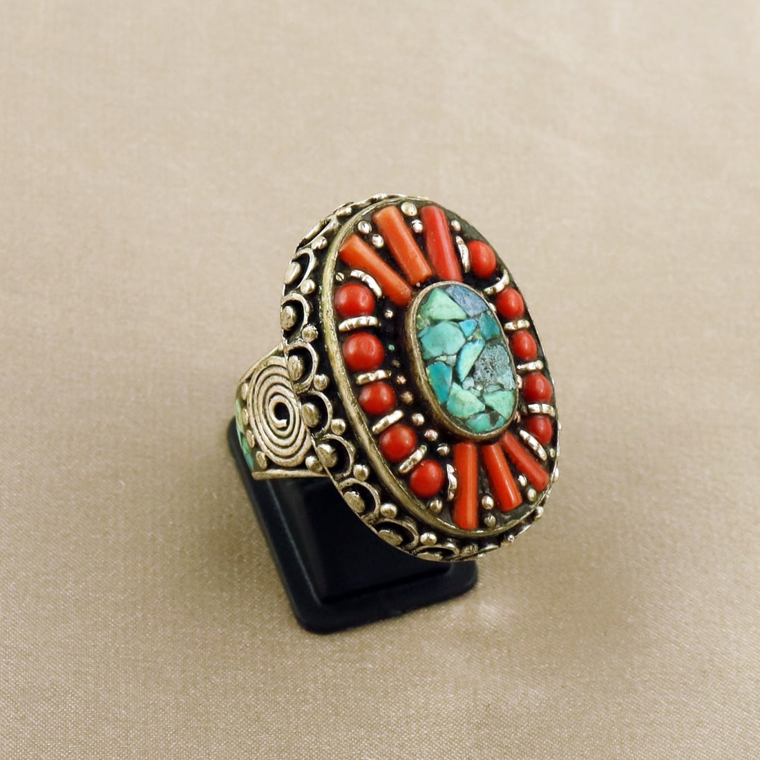 Tibetan Turquoise & Coral Handmade Vintage Ethnic Ring - 10MM: Product ID: 260804131136 Product - Tibetan Handmade Ethnic Vintage Ring Ring Size - 10MM Ring Weight - 27 Gram Gemstone - Turquoise & Coral Metal - Brass & Copper mix Metal Origin - Nepal Country/Regi