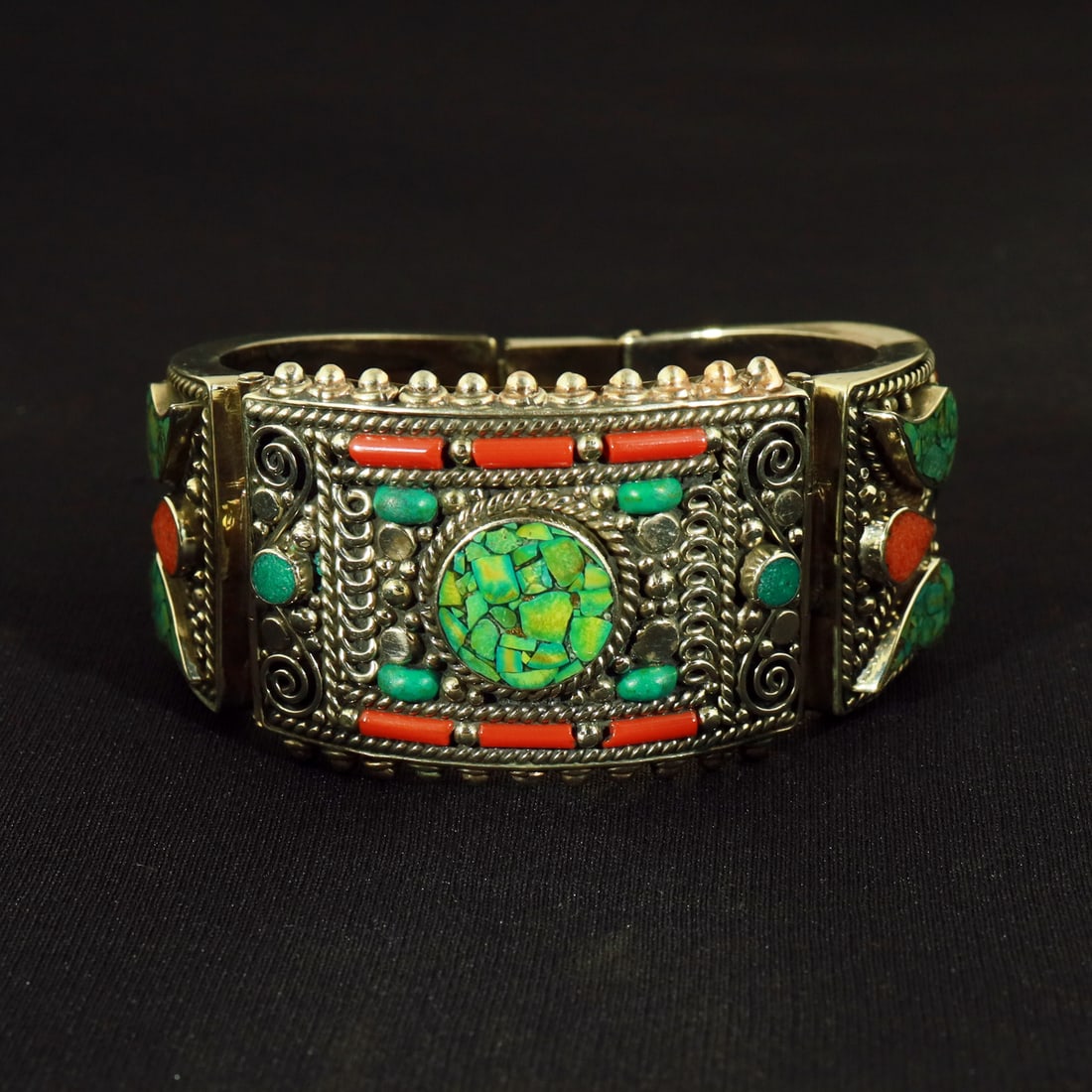 Tibetan Turquoise & Coral Handmade Ethnic Choker Cuff Bangle (1 of 4)