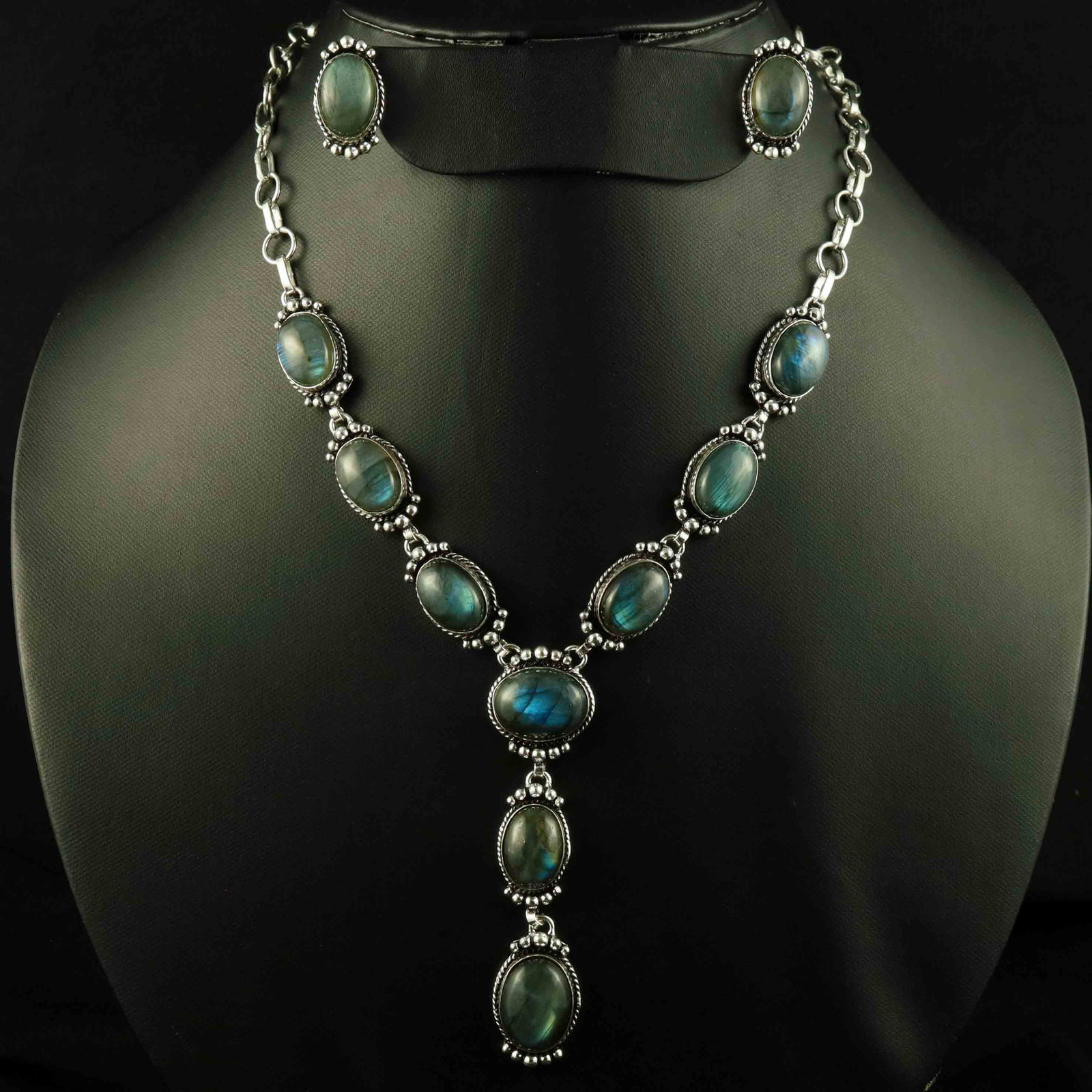 Natural Labradorite Sterling Silver Plated Handmade Necklace With Stud Earring: Product ID: 260523152857 Product - Handmade Silver Plated Necklace With Earring Metal - 92.5 Sterling Silver Plated Necklace Length - 18 Inch Gemstone - Natural Labradorite Gemstone Size - 12X16 MM ( 