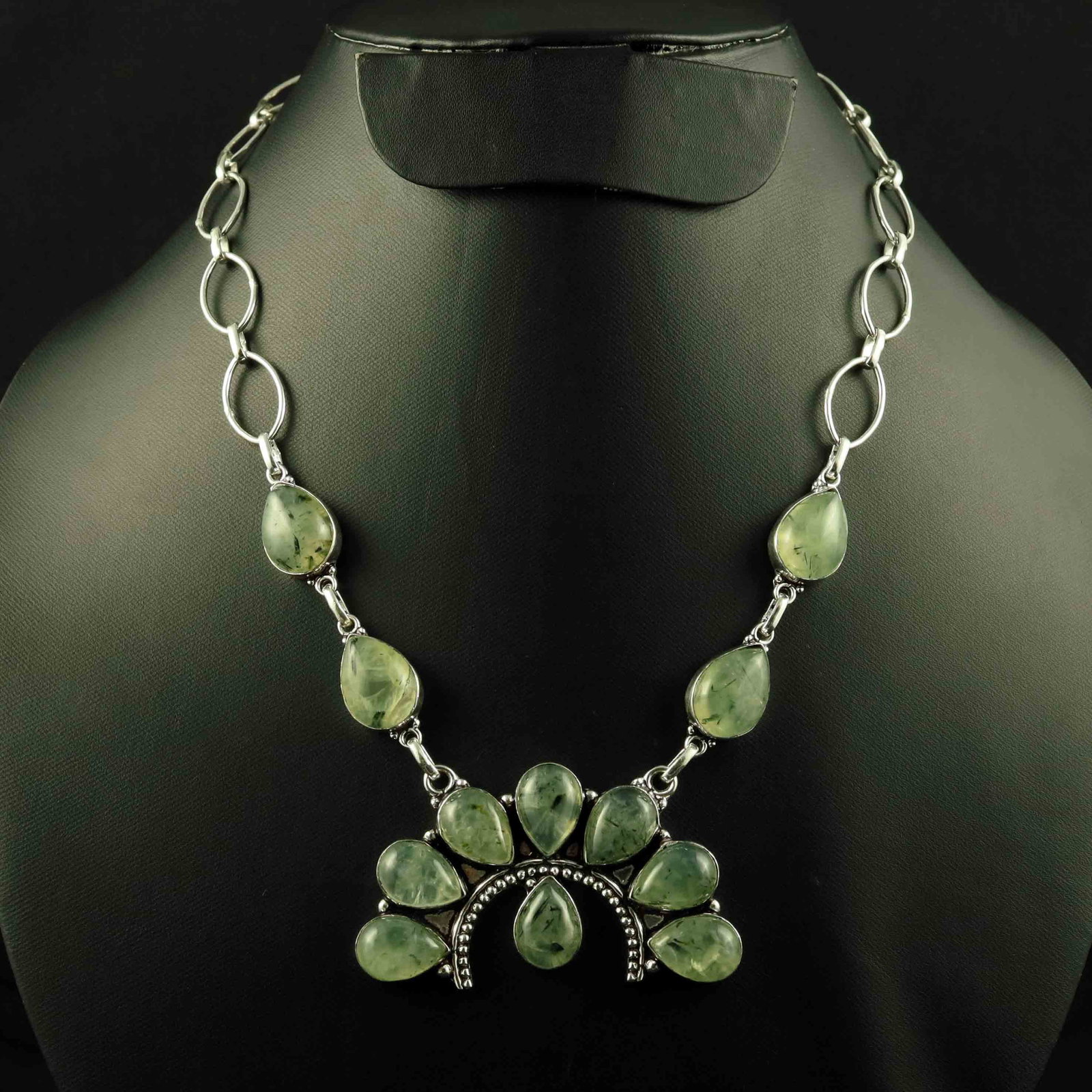 Natural Prehnite Sterling Silver Plated Handmade Choker Necklace: Product ID: 260523125045 Product - Handmade Silver Plated Necklace Metal - 92.5 Sterling Silver Plated Necklace Length - 18 Inch Gemstone - Prehnite Gemstone Size - 10X14 MM ( 8 Stone) 12 X16 ( 4 Ston