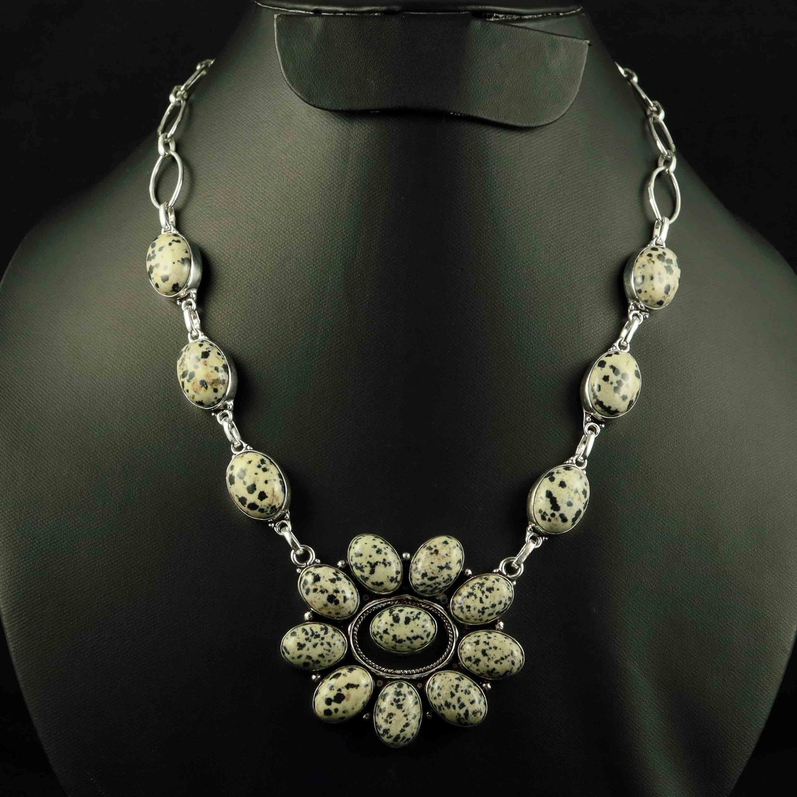 Natural Dalmatian Jasper Sterling Silver Plated Handmade Choker Necklace: Product ID: 260523130153 Product - Handmade Silver Plated Necklace Metal - 92.5 Sterling Silver Plated Necklace Length - 18 Inch Gemstone - Dalmatian Jasper Gemstone Size - 10X14 MM ( 10 Stone ) 12 X1