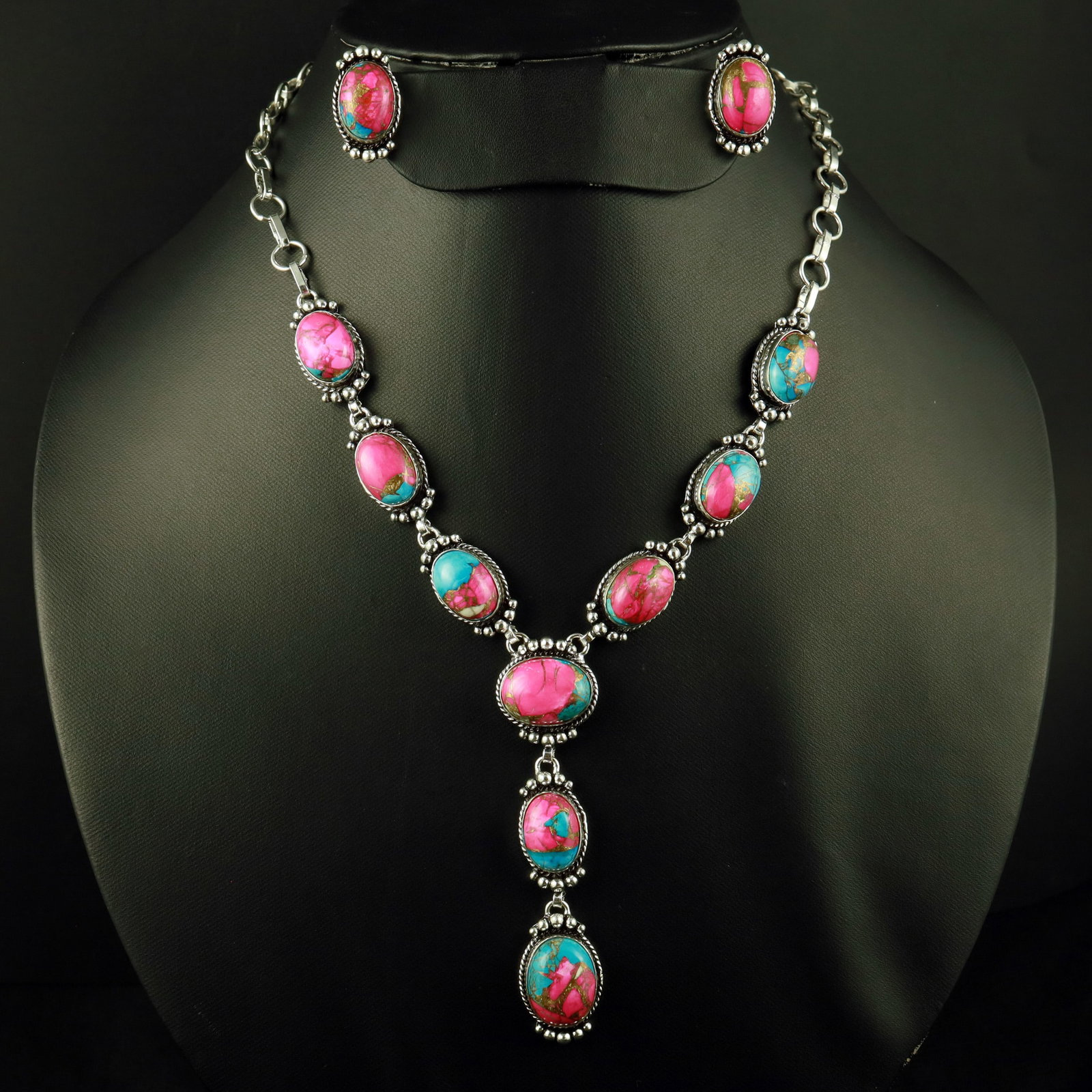 Natural Cotton Candy Sterling Silver Plated Handmade Necklace With Stud Earring: Product ID: 260521165552 Product - Handmade Silver Plated Necklace With Earring Metal - 92.5 Sterling Silver Plated Necklace Length - 18 Inch Gemstone - Cotton Candy Gemstone Size - 12X16 MM ( 2 Stone