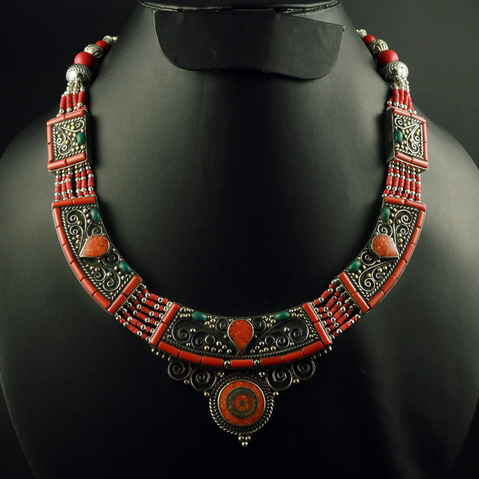 Tibetan Red Coral Handmade Ethnic Bold Necklace: Product ID: 260518173447 Product - Tibetan Handmade Necklace Gemstone - Natural Red Coral Necklace Length - 18 Inch Necklace Weight - 135 Gram Approx Metal - Brass & Copper mix Metal Origin - Nepal Co