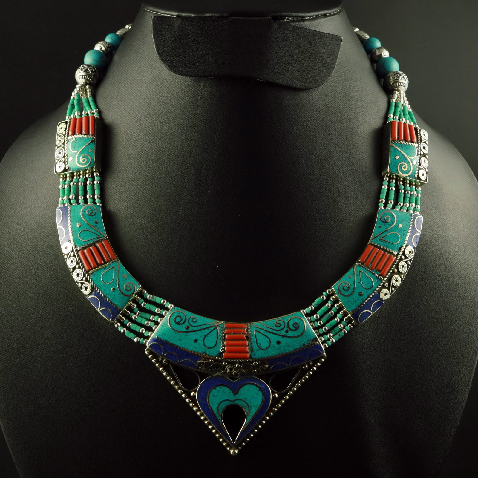 Tibetan Turquoise, Coral & Lapis Lazuli Handmade Heart Necklace: Product ID: 260518172424 Product - Tibetan Handmade Necklace Gemstone - Natural Turquoise & Coral & Lapis Lazuli Necklace Length - 18 Inch Necklace Weight - 115 Gram Approx Metal - Brass & Copper mix 