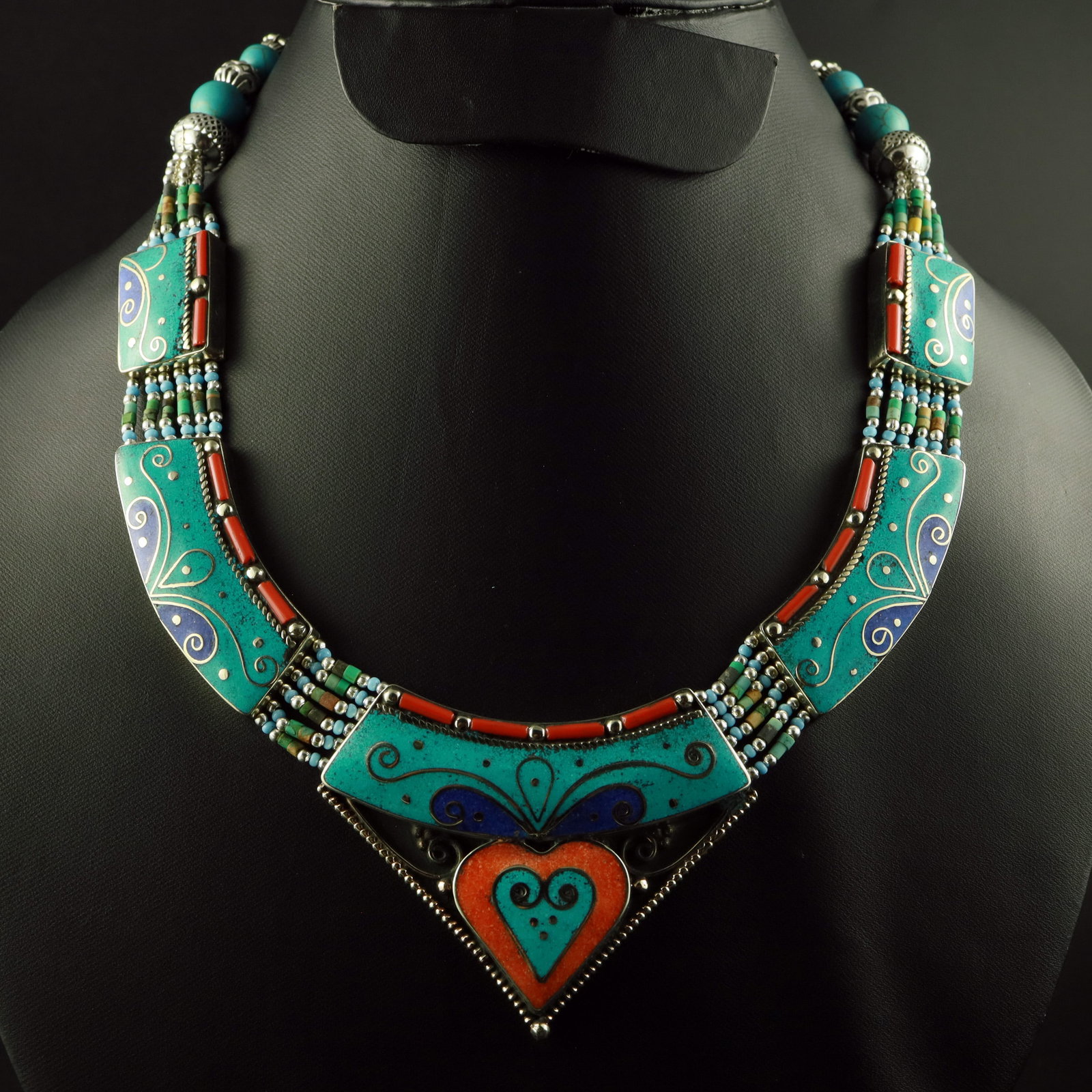Tibetan Turquoise, Coral & Lapis Lazuli Handmade Necklace: Product ID: 260518172257 Product - Tibetan Handmade Necklace Gemstone - Natural Turquoise & Coral & Lapis Lazuli Necklace Length - 18 Inch Necklace Weight - 135 Gram Approx Metal - Brass & Copper mix 