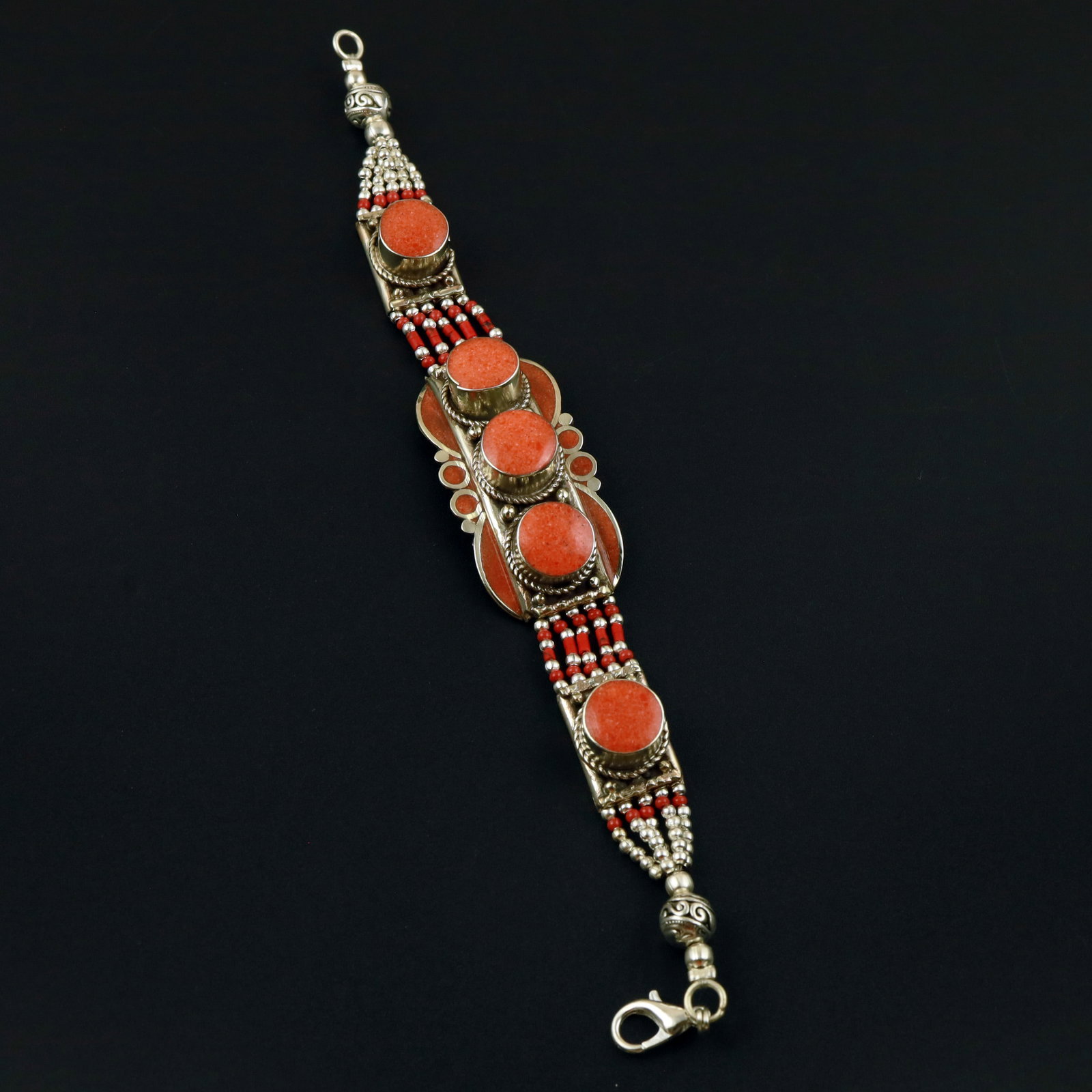 Tibetan Red Coral Handmade Boho Ethnic Bracelet: Product ID: 260513130548 Product - Tibetan Handmade Ethnic Bracelet Gemstone - Natural Red Coral Size - 7 Inch Weight - 50 Gram Approx Metal - Brass & Copper mix Metal Origin - Nepal Country/Region of