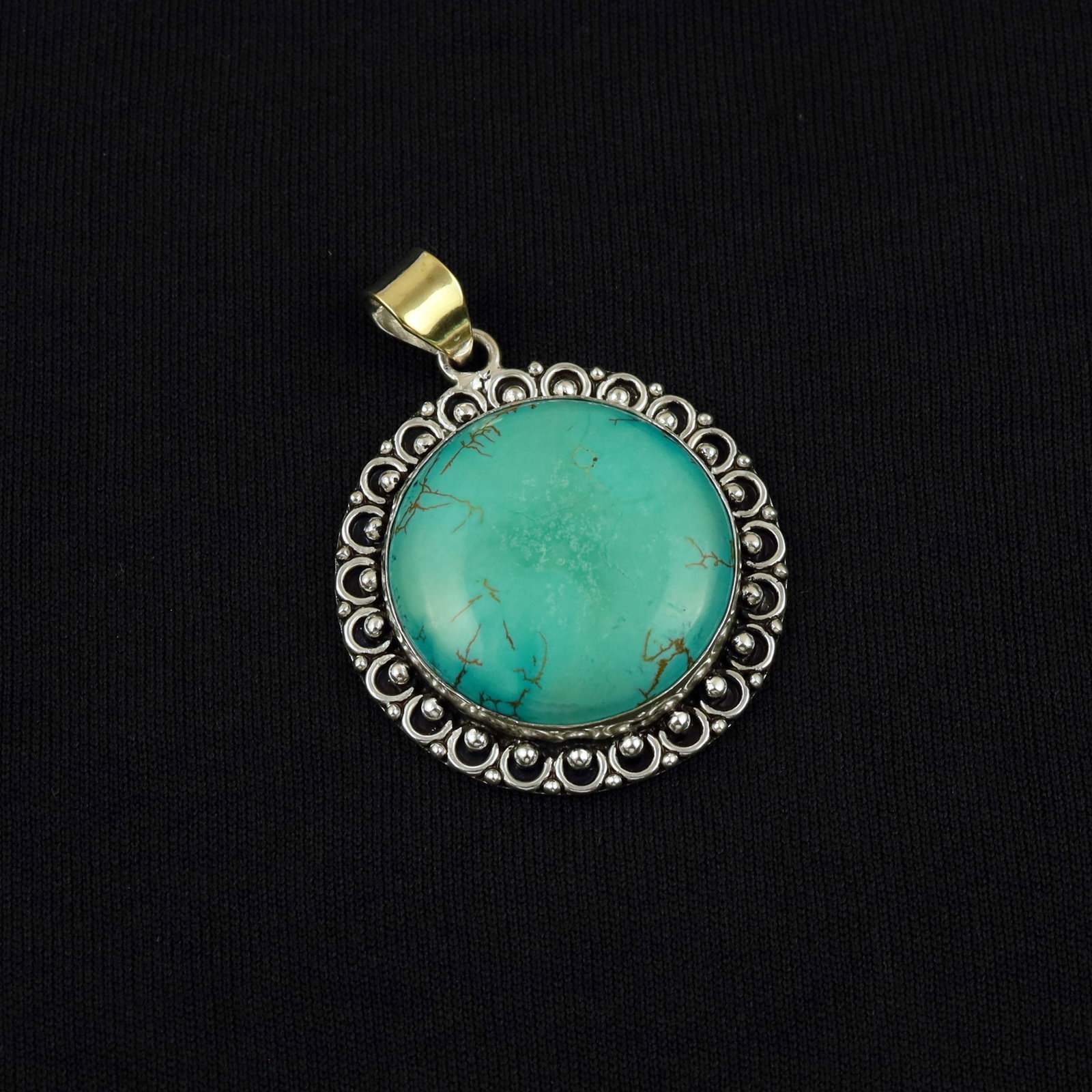 Natural Turquoise Sterling Silver Plated Handmade Pendant: Product ID: 260513103739 Product - Handmade Silver Plated Pendant Metal - 92.5 Sterling Silver Plated Pendant Size - 4 CM Gemstone - Turquoise Gemstone Origin - Tibet Gemstone Shape - Round Pendant We