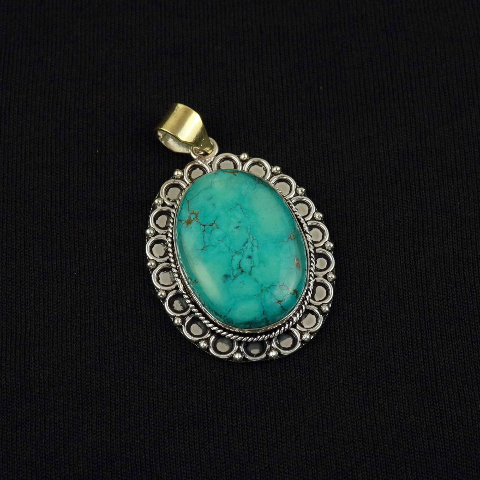 Natural Turquoise Sterling Silver Plated Handmade Pendant: Product ID: 260513103657 Product - Handmade Silver Plated Pendant Metal - 92.5 Sterling Silver Plated Pendant Size - 4x3 CM Gemstone - Turquoise Gemstone Origin - Tibet Gemstone Shape - Oval Pendant W