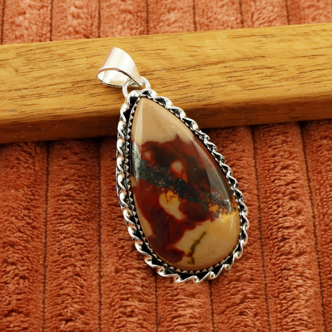 Natural Mookaite Jasper 2 Micron Sterling Silver Plated Handmade Pendant (1 of 3)