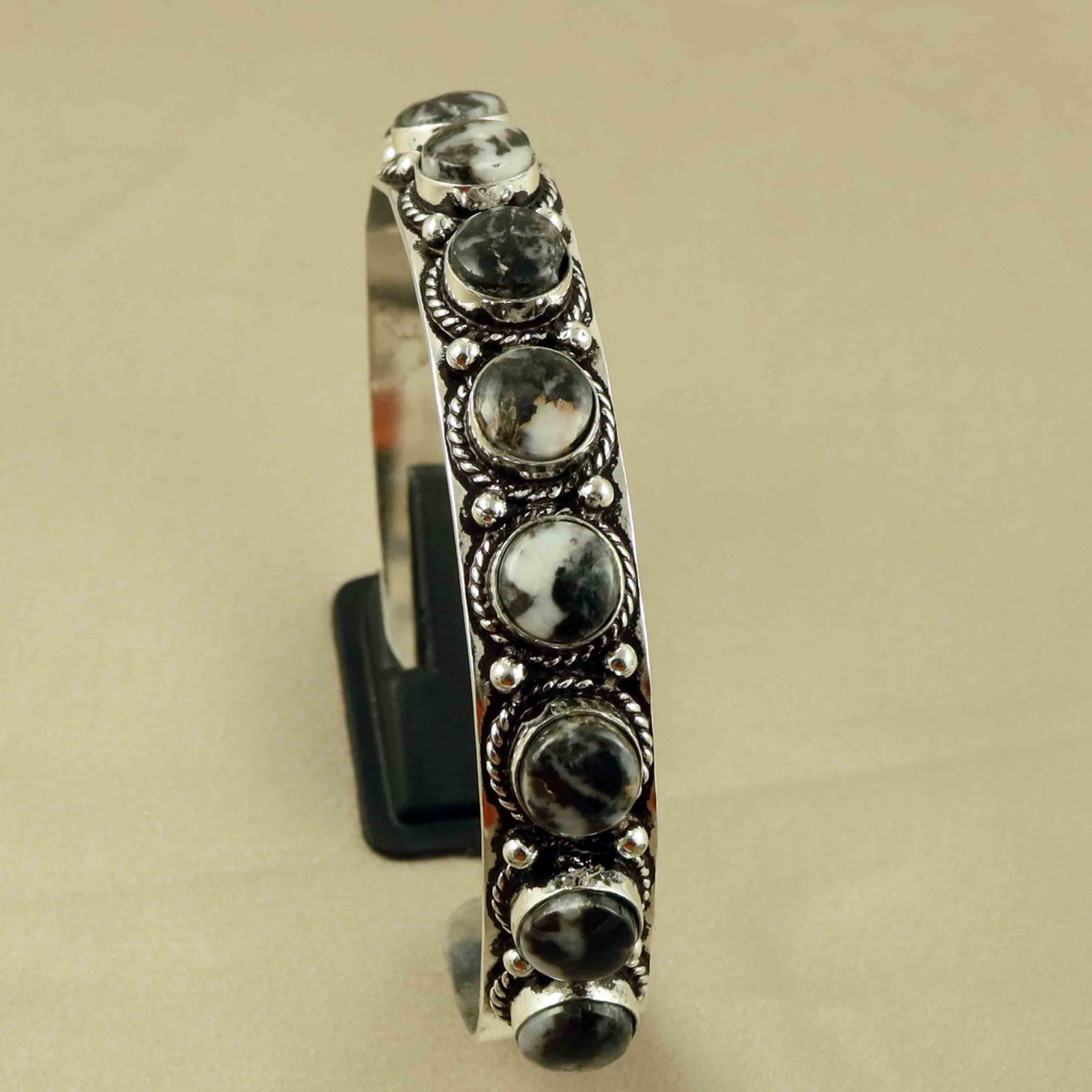 Natural Zebra Jasper Sterling Silver Plated Handmade Cuff Bangle: Product ID: 260607172125 Product - Handmade Silver Plated Cuff Bangle Metal - 92.5 Sterling Silver Plated Bangle Size - 6x5.5 CM (Adjustable) Gemstone - Zebra Jasper Gemstone Origin - Africa Gemstone 