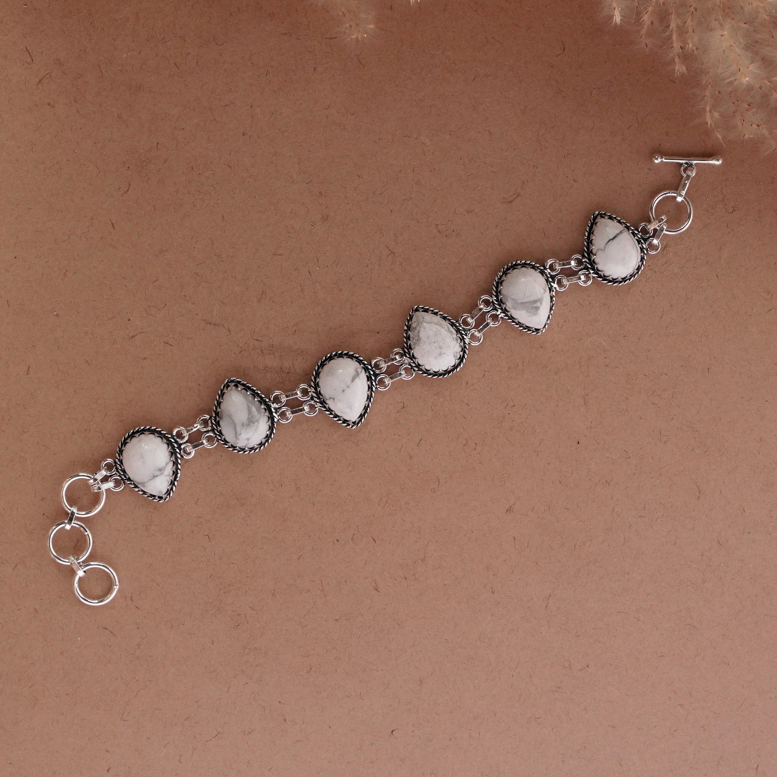 Natural Howlite Sterling Silver Plated Handmade Bracelet: Product ID: 260502114115 Product - Handmade Silver Plated Bracelet Metal - 92.5 Sterling Silver Plated Bracelet Length - 6 Inch + 2 Inch Gemstone - Howlite Gemstone Size -12X16 ( 6 Stone) Gemstone Ori