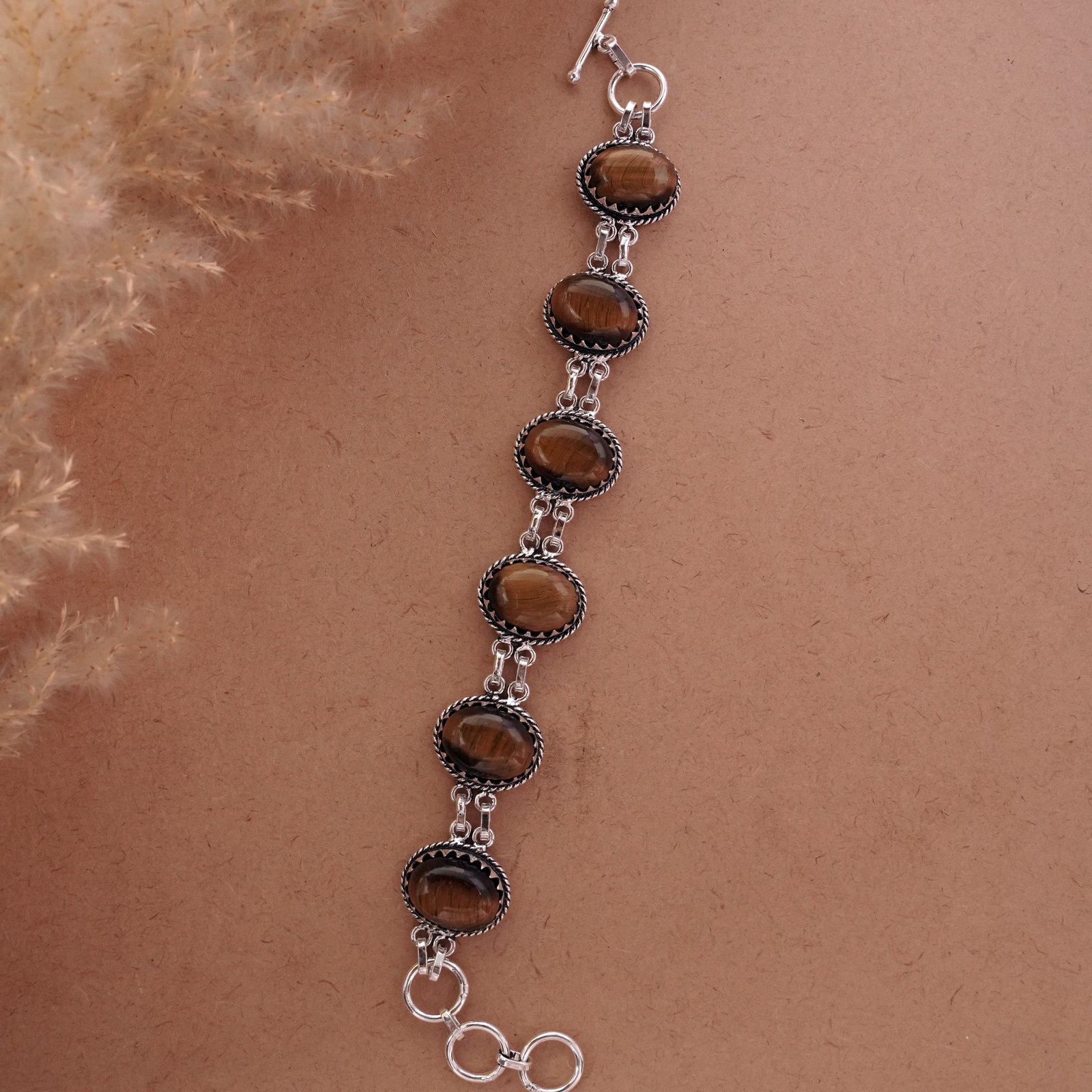 Natural Tiger Eye Sterling Silver Plated Handmade Bracelet: Product ID: 260501132758 Product - Handmade Silver Plated Bracelet Metal - 92.5 Sterling Silver Plated Bracelet Length - 6 Inch + 2 Inch Gemstone - Tiger Eye Gemstone Size -12X16 ( 6 Stone) Gemstone O