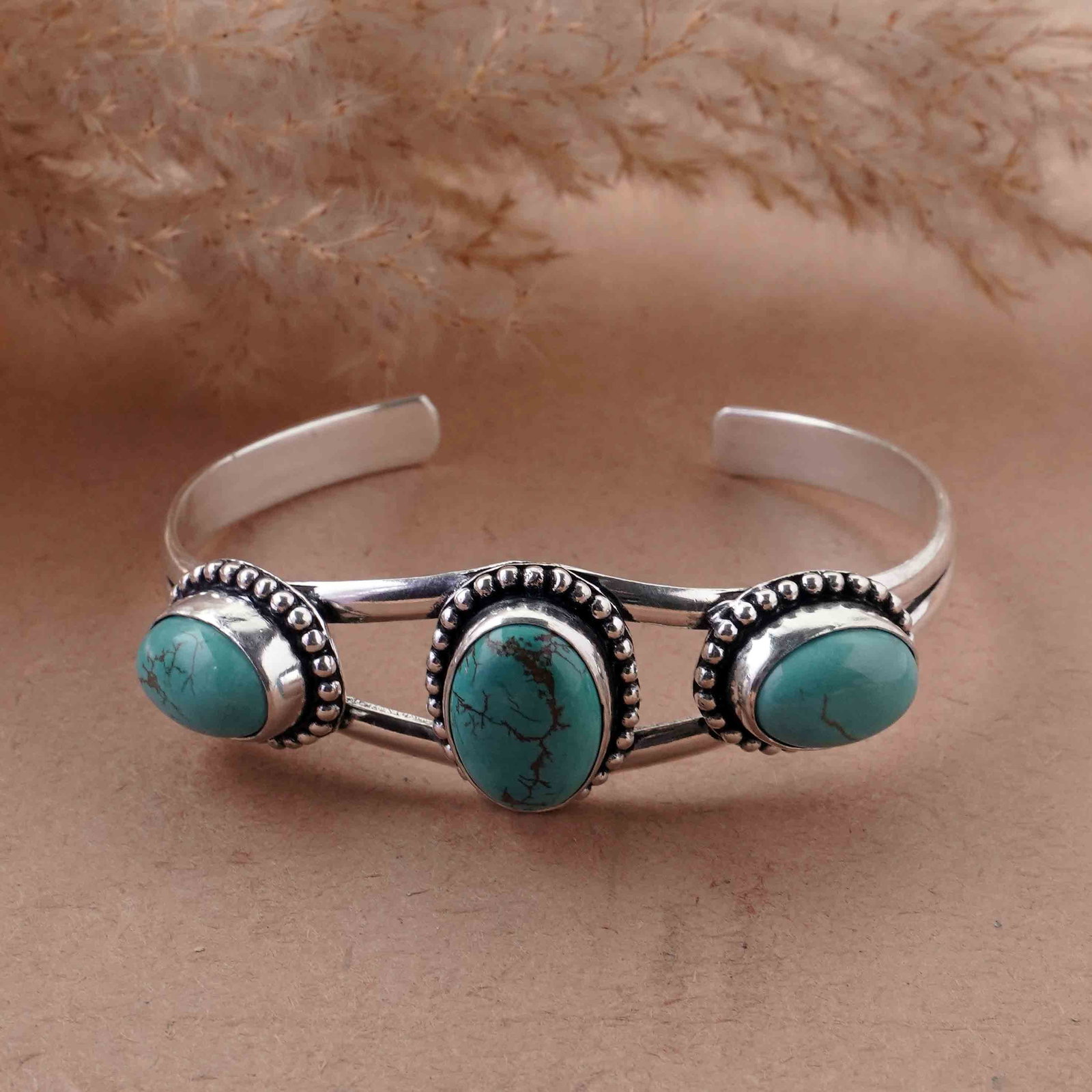 Natural Turquoise Sterling Silver Plated Handmade Cuff Bangle: Product ID: 260429153138 Product - Handmade Silver Plated Cuff Bangle Metal - 92.5 Sterling Silver Plated Bangle Size - 6.5x4.5 CM (Adjustable) Gemstone - Turquoise Gemstone Origin - Tibet Gemstone Si