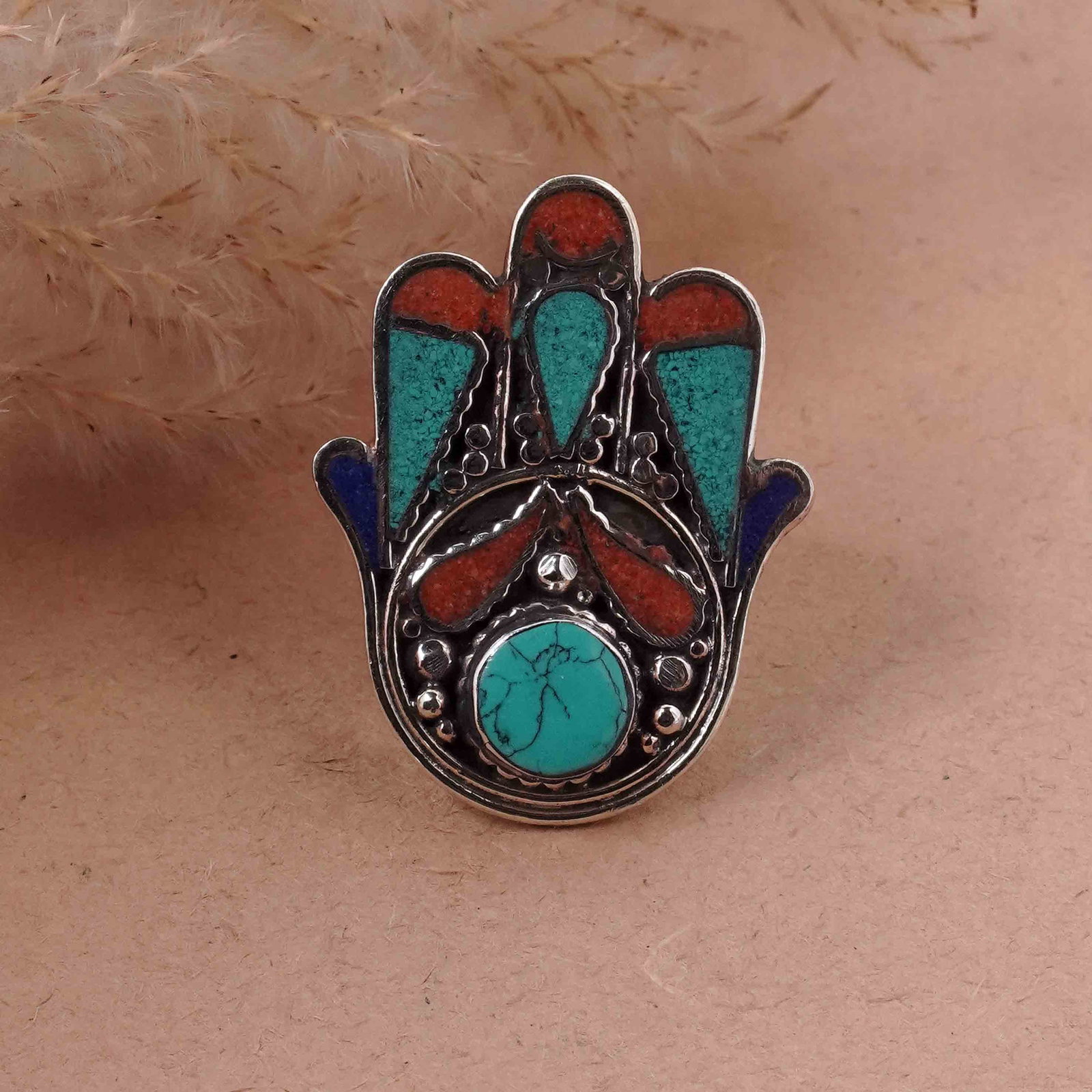 Tibetan Turquoise & Coral Handmade Fatima Hand Ring - Free Size: Product ID: 260417120706 Product - Tibetan Handmade Ethnic Ring Ring Size - Free Size Ring Weight - 17 Gram Gemstone - Natural Turquoise & Coral & Lapis Metal - Brass & Copper mix Metal Origin - Nepal
