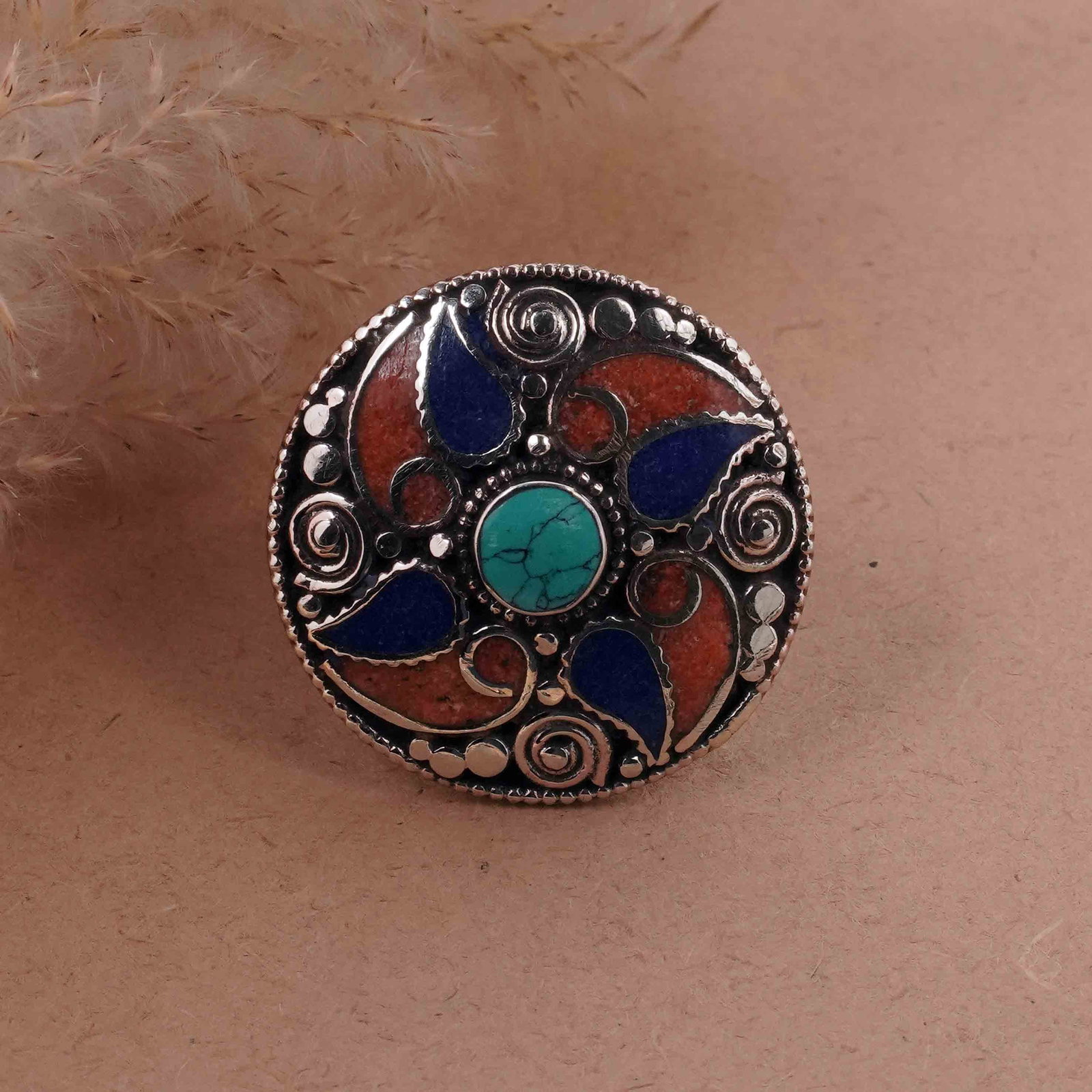 Tibetan Turquoise, Coral & Lapis Boho Handmade Ring - Free Size: Product ID: 260416140910 Product - Tibetan Handmade Ethnic Ring Ring Size - Free Size Ring Weight - 19 Gram Gemstone - Natural Turquoise, Coral & Lapis Metal - Brass & Copper mix Metal Origin - Nepal 
