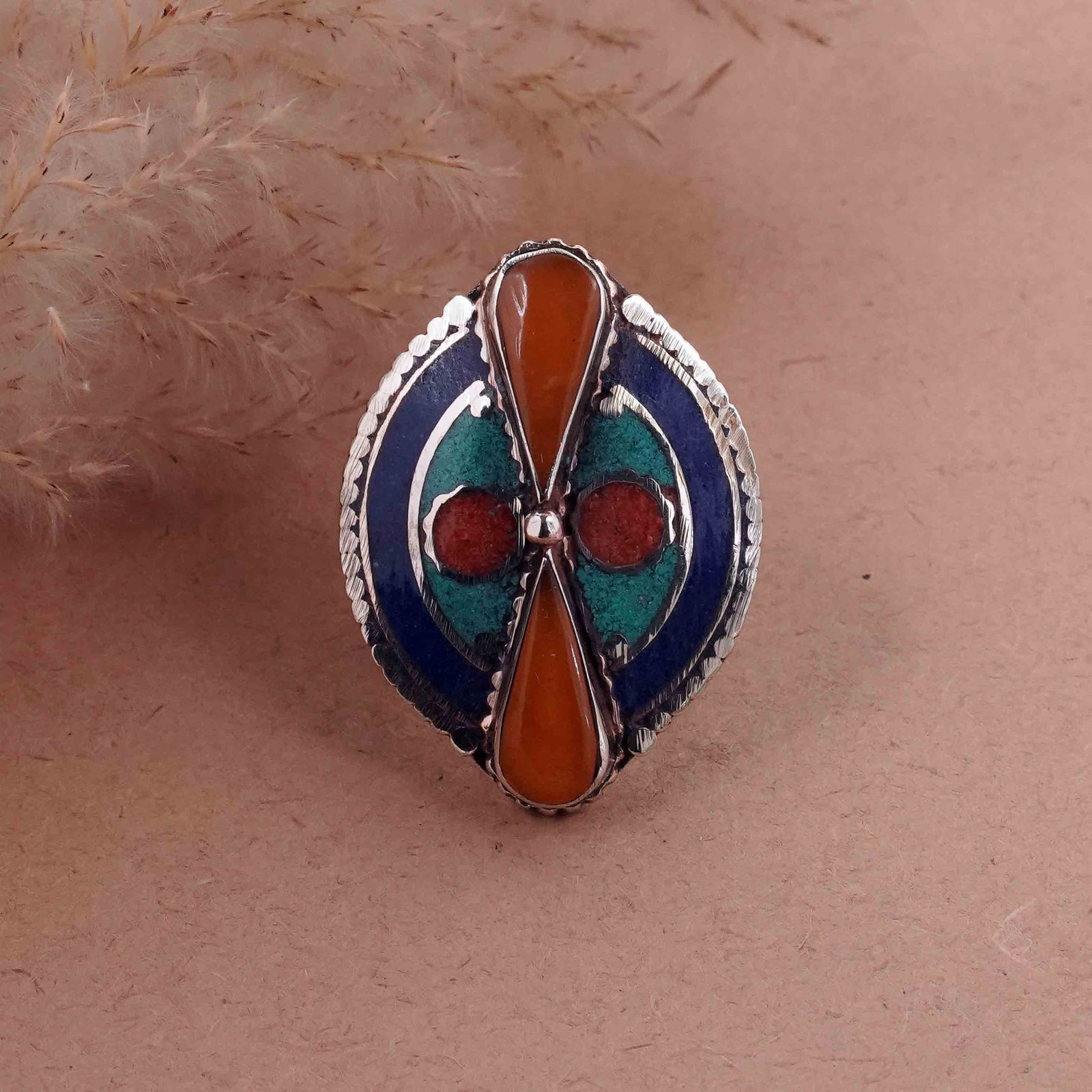 Tibetan Turquoise, Coral & Copal Handmade Ethnic Ring - Free Size: Product ID: 260416140411 Product - Tibetan Handmade Ethnic Ring Ring Size - Free Size Ring Weight - 18 Gram Gemstone - Natural Turquoise & Coral & Copal Metal - Brass & Copper mix Metal Origin - Nepal