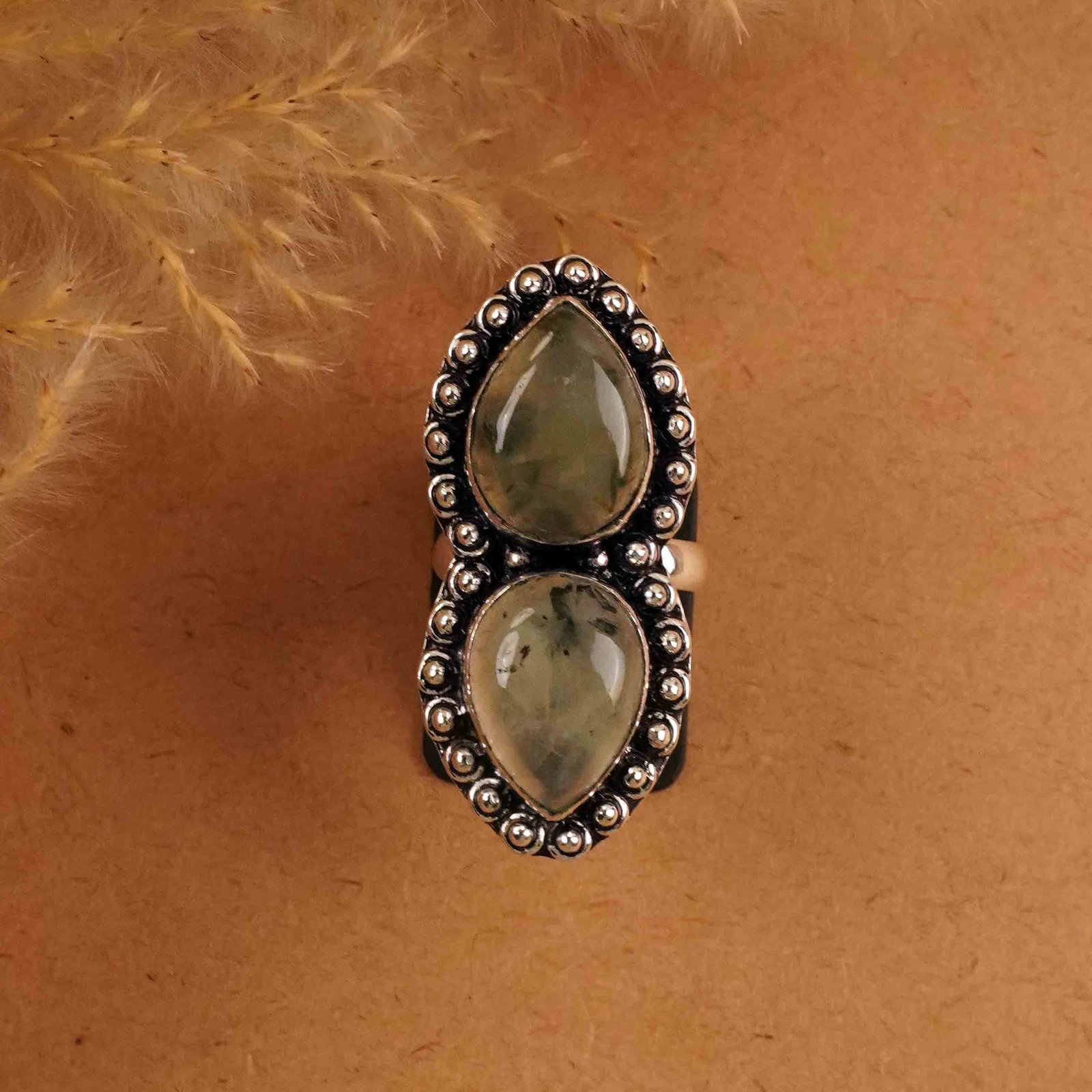 Natural Prehnite Sterling Silver Plated Handmade Ring - 6.5MM: Product ID: 260412150832 Product - Handmade Silver Plated Ring Metal - 92.5 Sterling Silver Plated Ring Size - 6.5MM Gemstone - Prehnite Gemstone Origin - South Africa Gemstone Size - 12X16 MM ( 2 Sto