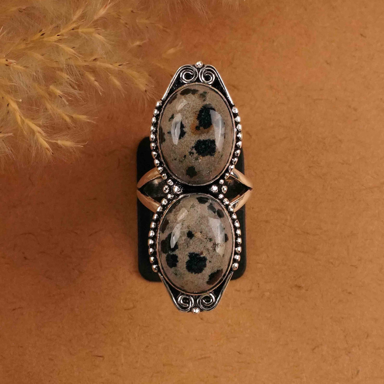 Natural Dalmatian Sterling Silver Plated Handmade Ring - 7MM: Product ID: 260412144730 Product - Handmade Silver Plated Ring Metal - 92.5 Sterling Silver Plated Ring Size - 7MM Gemstone - Dalmatian Gemstone Origin - Mexico Gemstone Size - 12X16 MM ( 2 Stone ) Ge