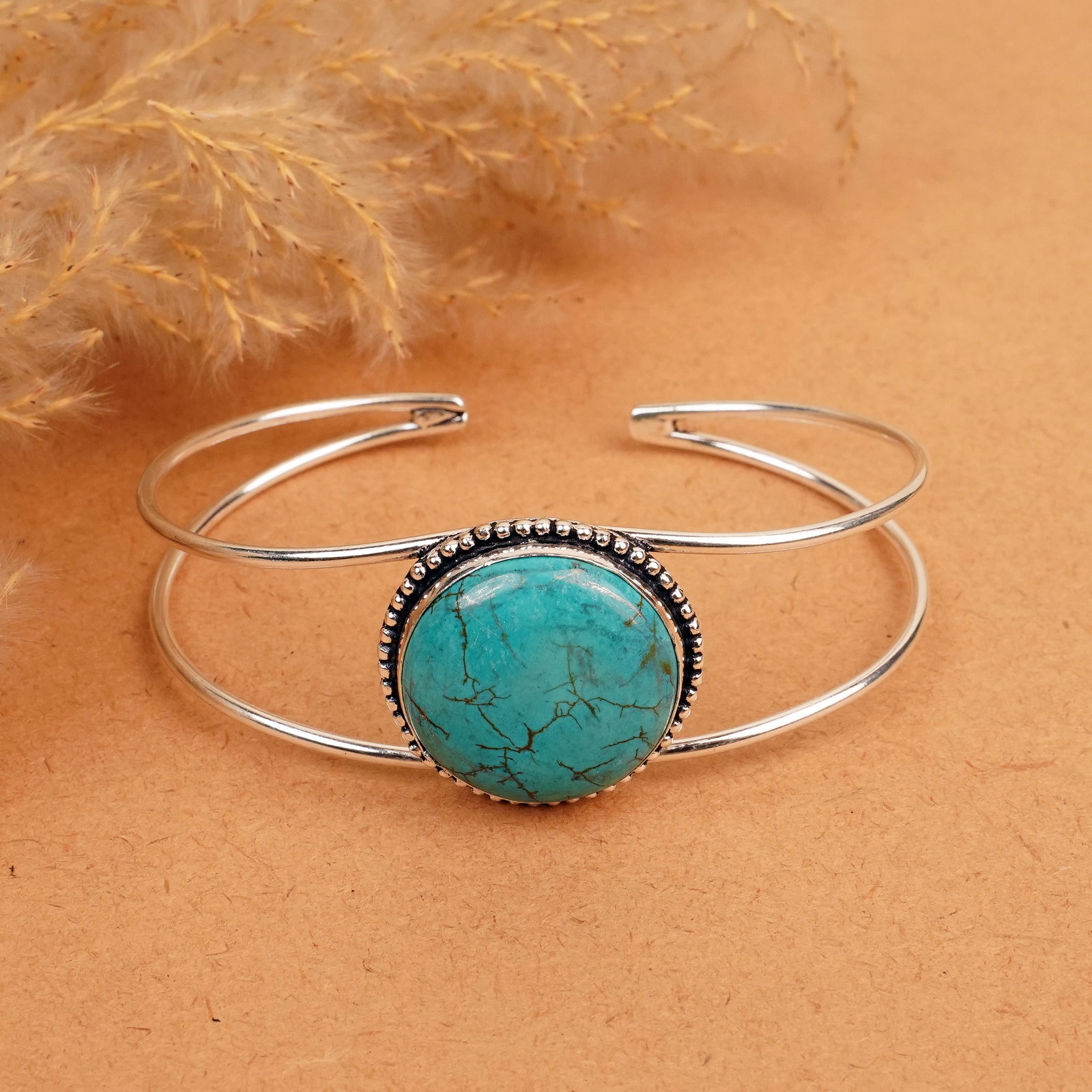 Natural Turquoise Sterling Silver Plated Handmade Cuff Bangle: Product ID: 260412125029 Product - Handmade Silver Plated Cuff Bangle Metal - 92.5 Sterling Silver Plated Bangle Size - 7.5x5.5 CM (Adjustable) Gemstone - Turquoise Gemstone Origin - Tibet Gemstone Si