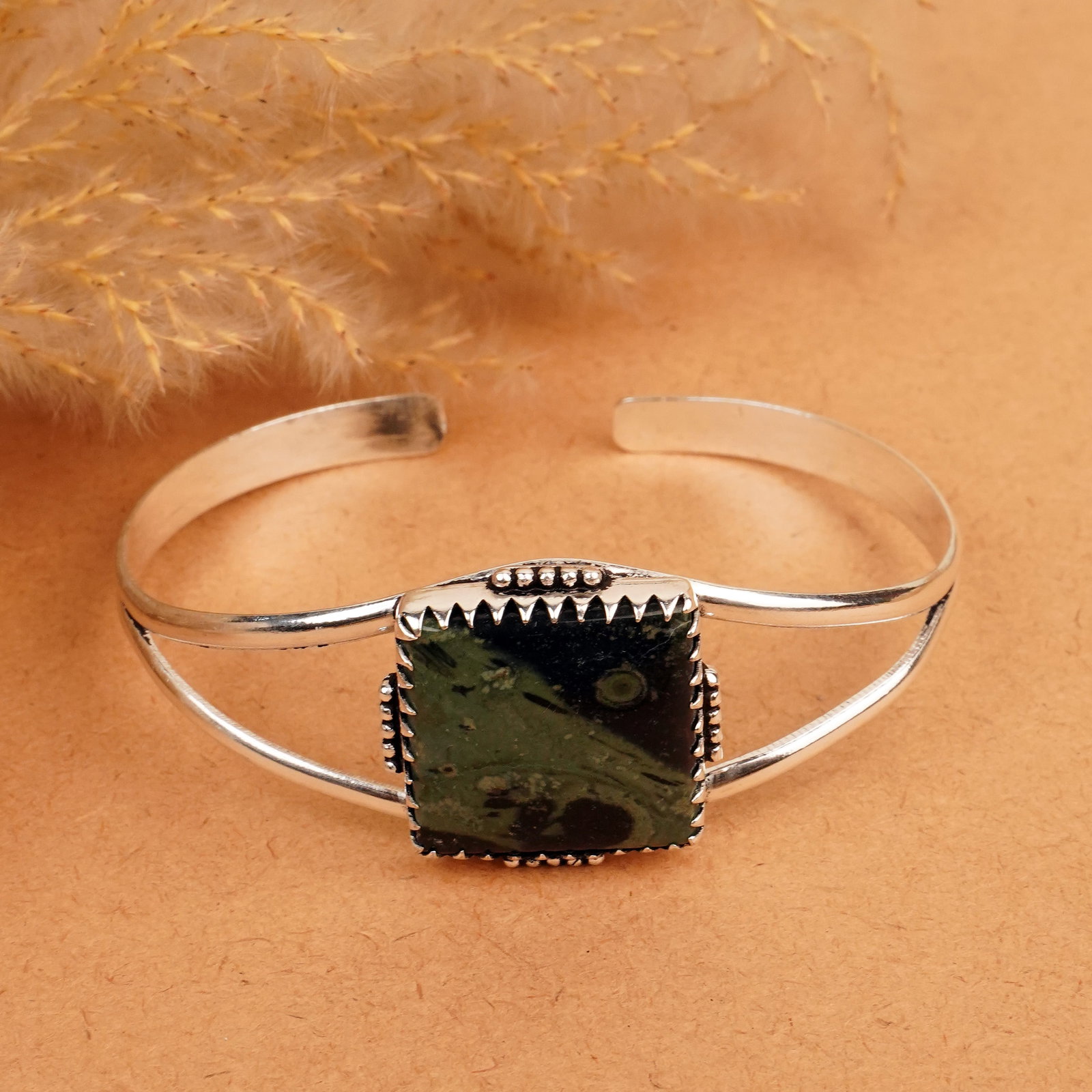 Natural Kambaba Jasper Silver Plated Handmade Cuff Bangle: Product ID: 260412115500 Product - Handmade Silver Plated Cuff Bangle Metal - 92.5 Sterling Silver Plated Bangle Size - 7x5 CM (Adjustable) Gemstone - Kambaba Jasper Gemstone Origin - Madagascar Gemst