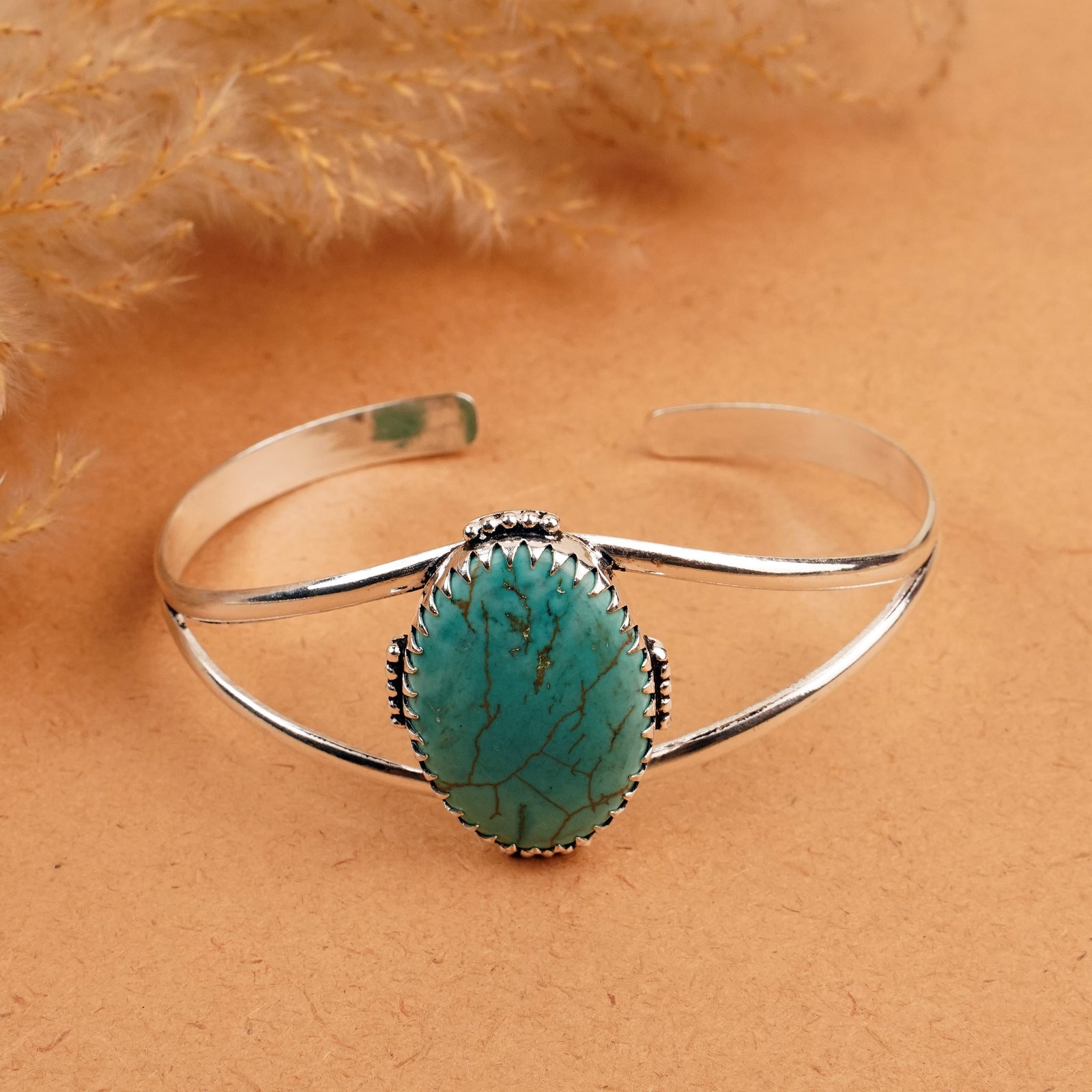 Natural Turquoise Sterling Silver Plated Handmade Cuff Bangle: Product ID: 260412110325 Product - Handmade Silver Plated Cuff Bangle Metal - 92.5 Sterling Silver Plated Bangle Size - 7x5.5 CM (Adjustable) Gemstone - Turquoise Gemstone Origin - Tibet Gemstone Size