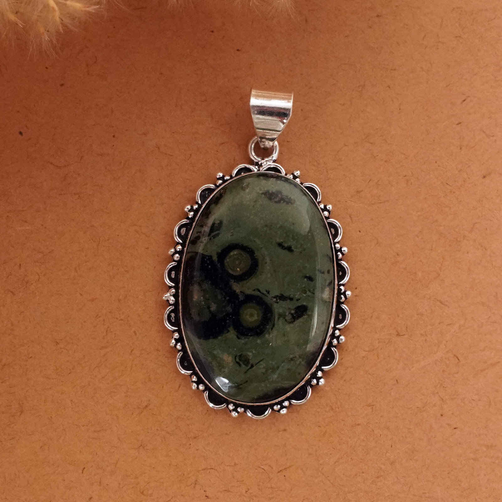 Natural Kambaba Jasper Sterling Silver Plated Handmade Pendant: Product ID: 260411134120 Product - Handmade Silver Plated Pendant Metal - 92.5 Sterling Silver Plated Pendant Size - 4x3 CM Gemstone - Kambaba Jasper Gemstone Origin - Madagascar Gemstone Shape - Oval