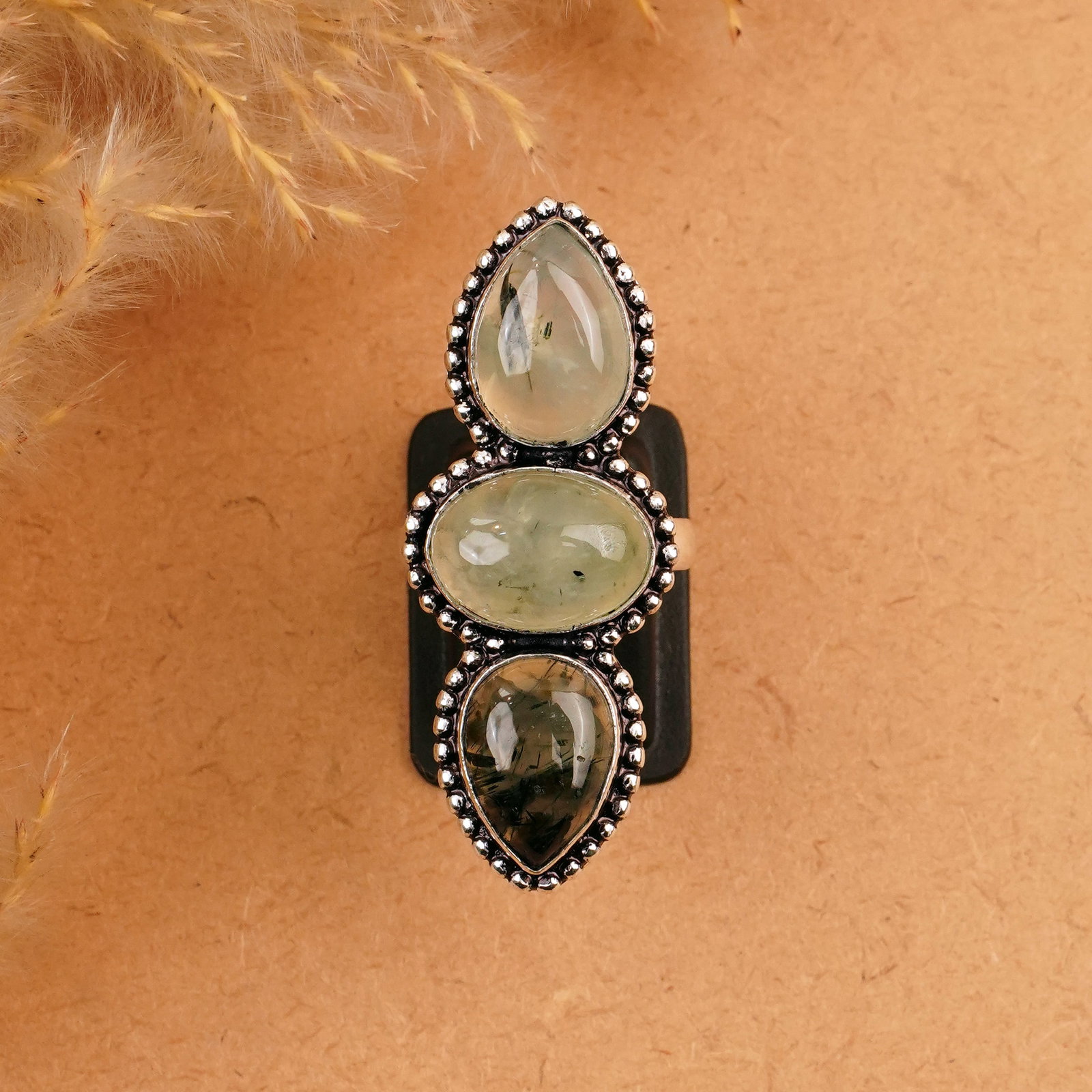 Natural Prehnite Sterling Silver Plated Handmade Ring - 7MM: Product ID: 260410161217 Product - Handmade Silver Plated Ring Metal - 92.5 Sterling Silver Plated Ring Size - 7MM Gemstone - Prehnite Gemstone Origin - South Africa Gemstone Size - 10X14 MM ( 3 Stone