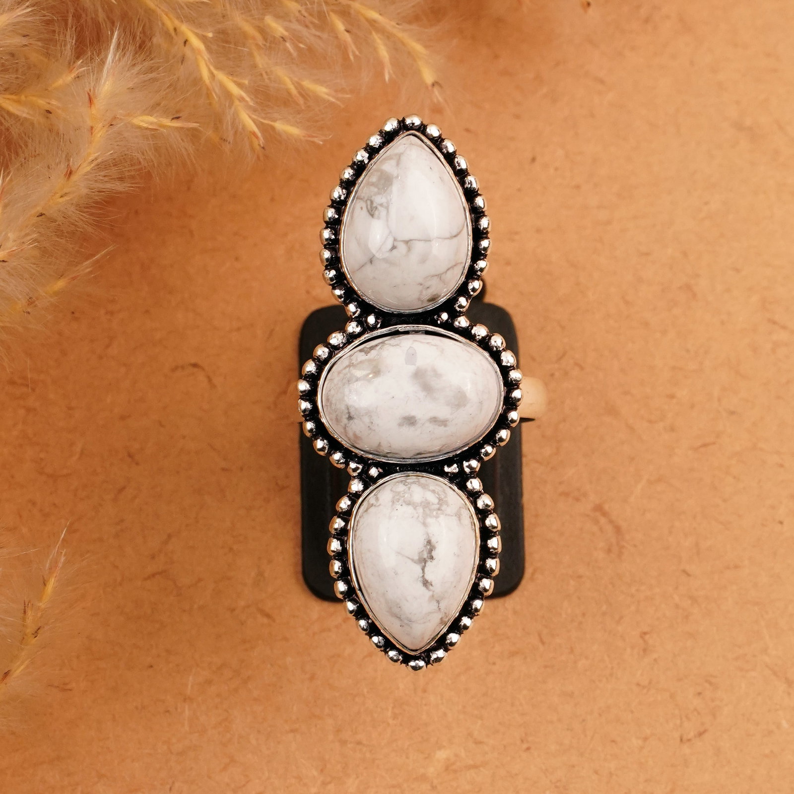 Natural Howlite Sterling Silver Plated Handmade Ring - 9MM: Product ID: 260410155612 Product - Handmade Silver Plated Ring Metal - 92.5 Sterling Silver Plated Ring Size - 9MM Gemstone - Howlite Gemstone Origin - Canada Gemstone Size - 10X14 MM ( 3 Stone ) Gems