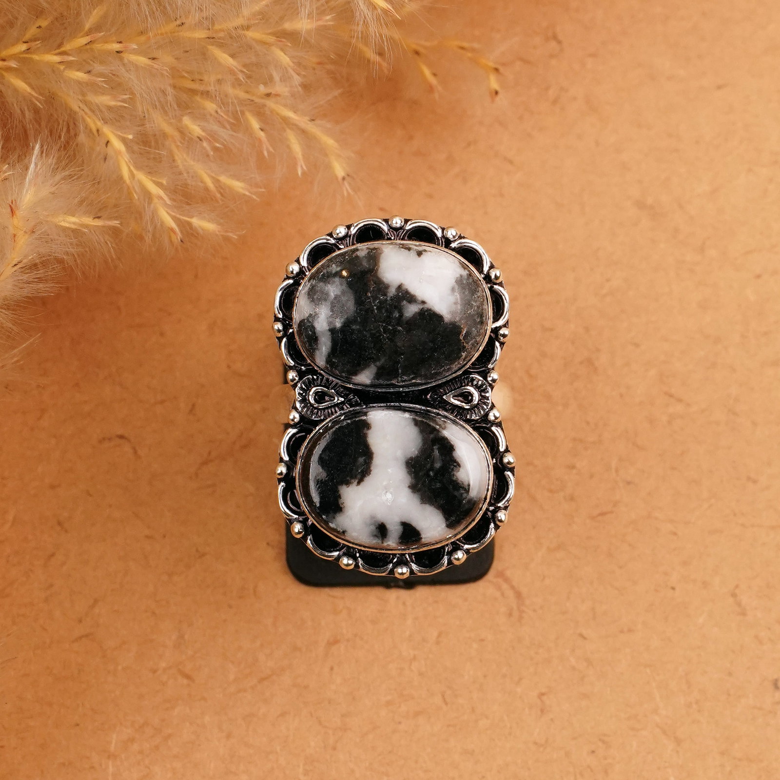 Natural Zebra Jasper Sterling Silver Plated Handmade Ring - 9MM: Product ID: 260410155206 Product - Handmade Silver Plated Ring Metal - 92.5 Sterling Silver Plated Ring Size - 9MM Gemstone - Zebra Jasper / White Buffalo Gemstone Origin - Africa Gemstone Size - 12X1