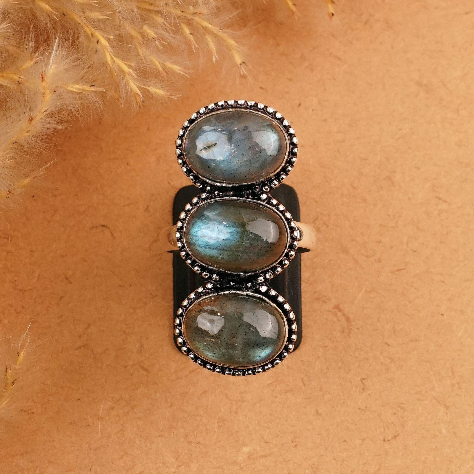 Natural Labradorite Sterling Silver Plated Handmade Ring - 10.5MM: Product ID: 260410155038 Product - Handmade Silver Plated Ring Metal - 92.5 Sterling Silver Plated Ring Size - 10.5MM Gemstone - Labradorite Gemstone Origin - Canada Gemstone Size - 10X14 MM ( 3 Stone