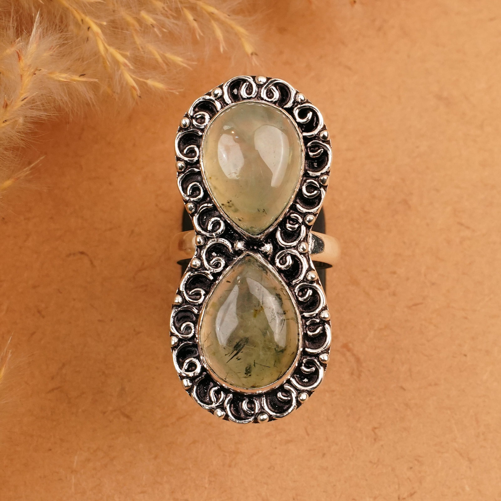Natural Prehnite Sterling Silver Plated Handmade Ring - 9MM: Product ID: 260410154346 Product - Handmade Silver Plated Ring Metal - 92.5 Sterling Silver Plated Ring Size - 9MM Gemstone - Prehnite Gemstone Origin - South Africa Gemstone Size - 12X16 MM ( 2 Stone