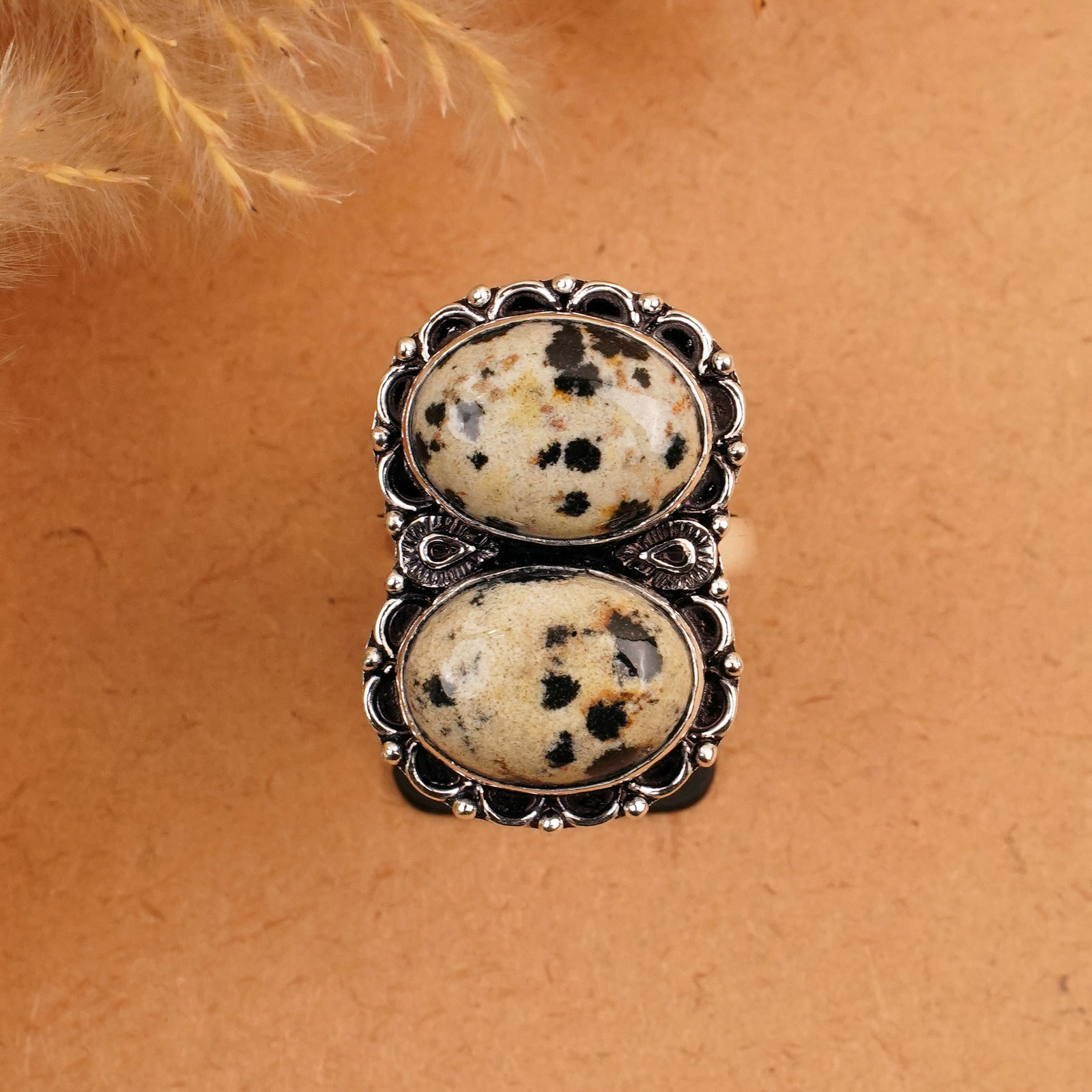 Natural Dalmatian Jasper Sterling Silver Plated Handmade Ring - 10MM: Product ID: 260410154049 Product - Handmade Silver Plated Ring Metal - 92.5 Sterling Silver Plated Ring Size - 10MM Gemstone - Dalmatian Gemstone Origin - Mexico Gemstone Size - 12X16 MM ( 2 Stone ) G