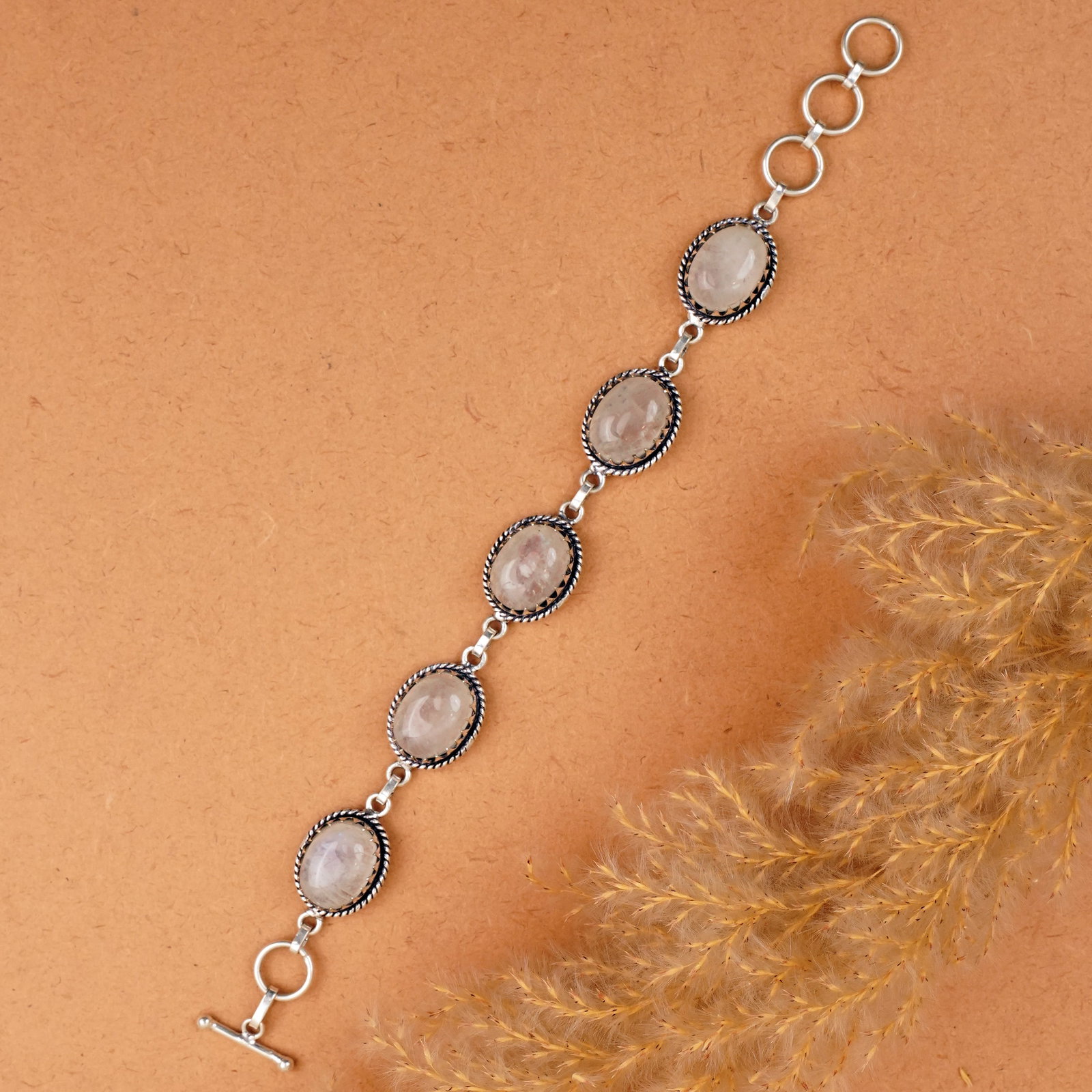 Natural Rainbow Moonstone Sterling Silver Plated Handmade Bracelet: Product ID: 260410135021 Product - Handmade Silver Plated Bracelet Metal - 92.5 Sterling Silver Plated Bracelet Length - 6 Inch + 2 Inch Gemstone - Rainbow Moonstone Gemstone Size -12X16 MM ( 5 Stone)
