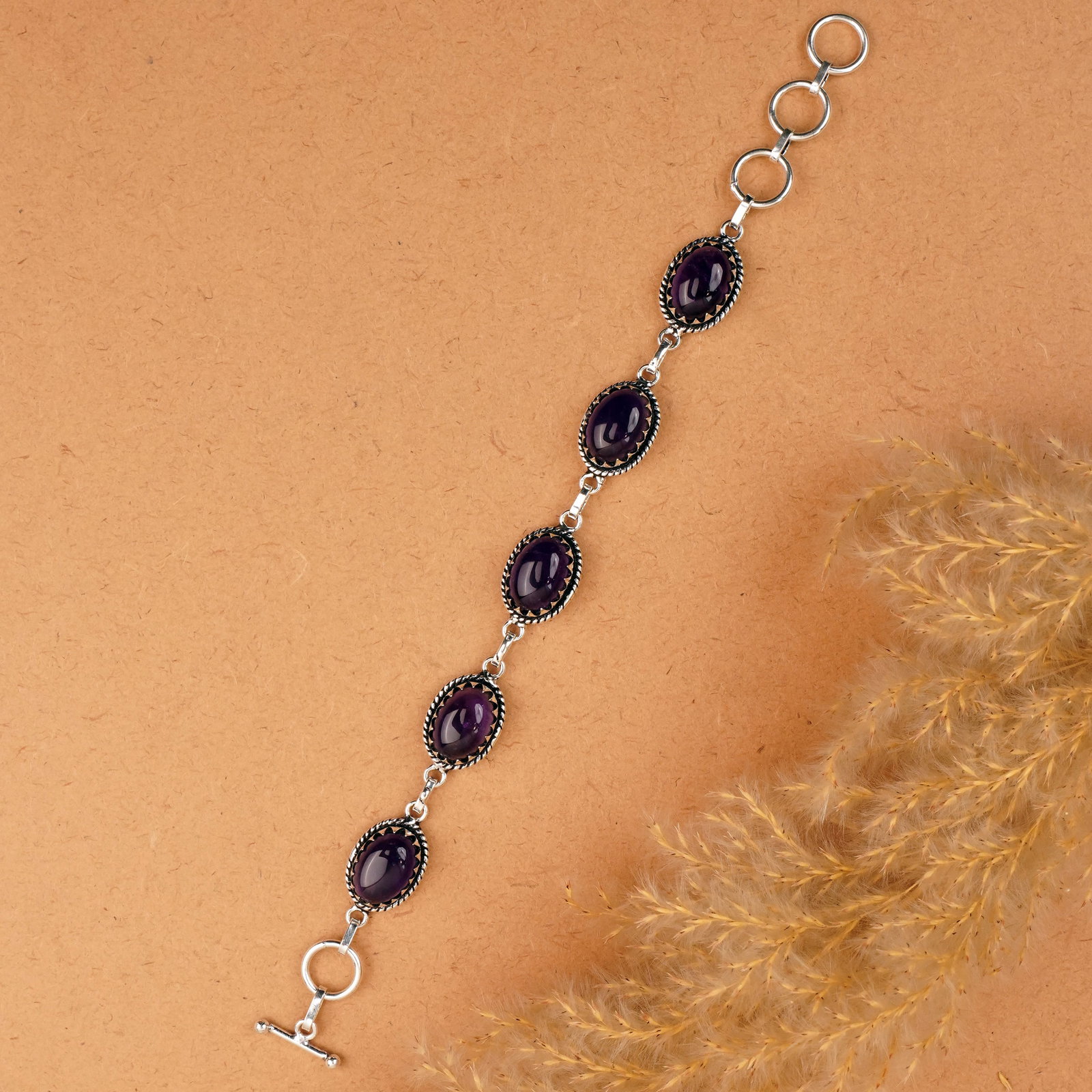 Natural Amethyst Sterling Silver Plated Handmade Bracelet: Product ID: 260410134845 Product - Handmade Silver Plated Bracelet Metal - 92.5 Sterling Silver Plated Bracelet Length - 6 Inch + 2 Inch Gemstone - Amethyst Gemstone Size -12X16 MM ( 5 Stone) Gemstone