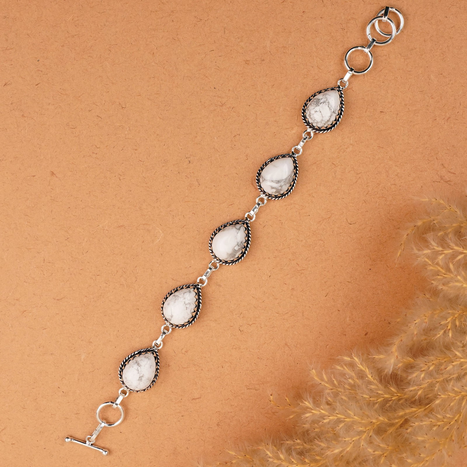 Natural Howlite Sterling Silver Plated Handmade Bracelet: Product ID: 260410134309 Product - Handmade Silver Plated Bracelet Metal - 92.5 Sterling Silver Plated Bracelet Length - 6 Inch + 2 Inch Gemstone - Howlite Gemstone Size -12X16 MM ( 6 Stone) Gemstone 