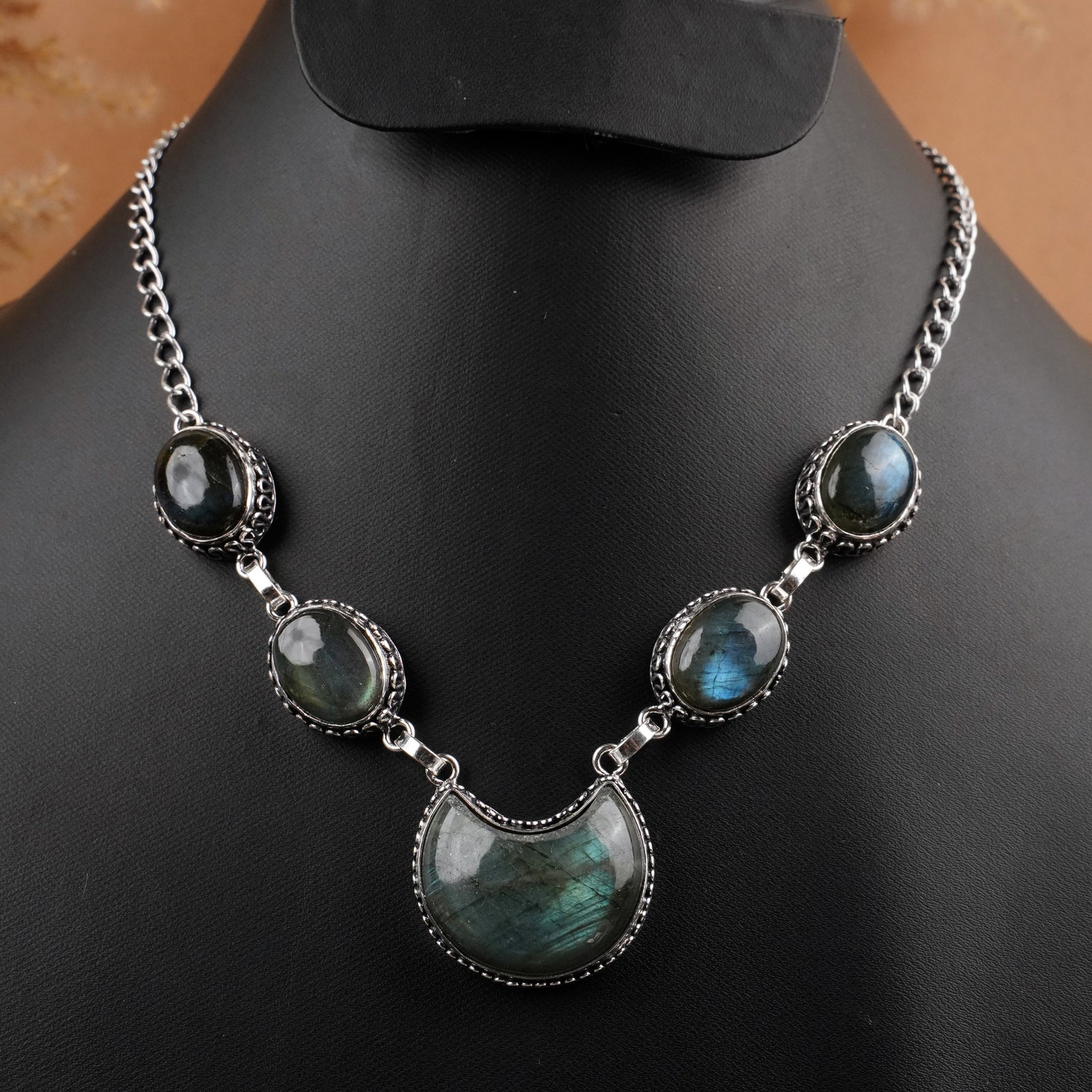Natural Labradorite Sterling Silver Plated Handmade Moon Necklace: Product ID: 260409130056 Product - Handmade Silver Plated Necklace Metal - 92.5 Sterling Silver Plated Necklace Length - 18 Inch Gemstone - Labradorite Gemstone Size - 12X16 MM (4 Stone) 22X24 MM (1 S