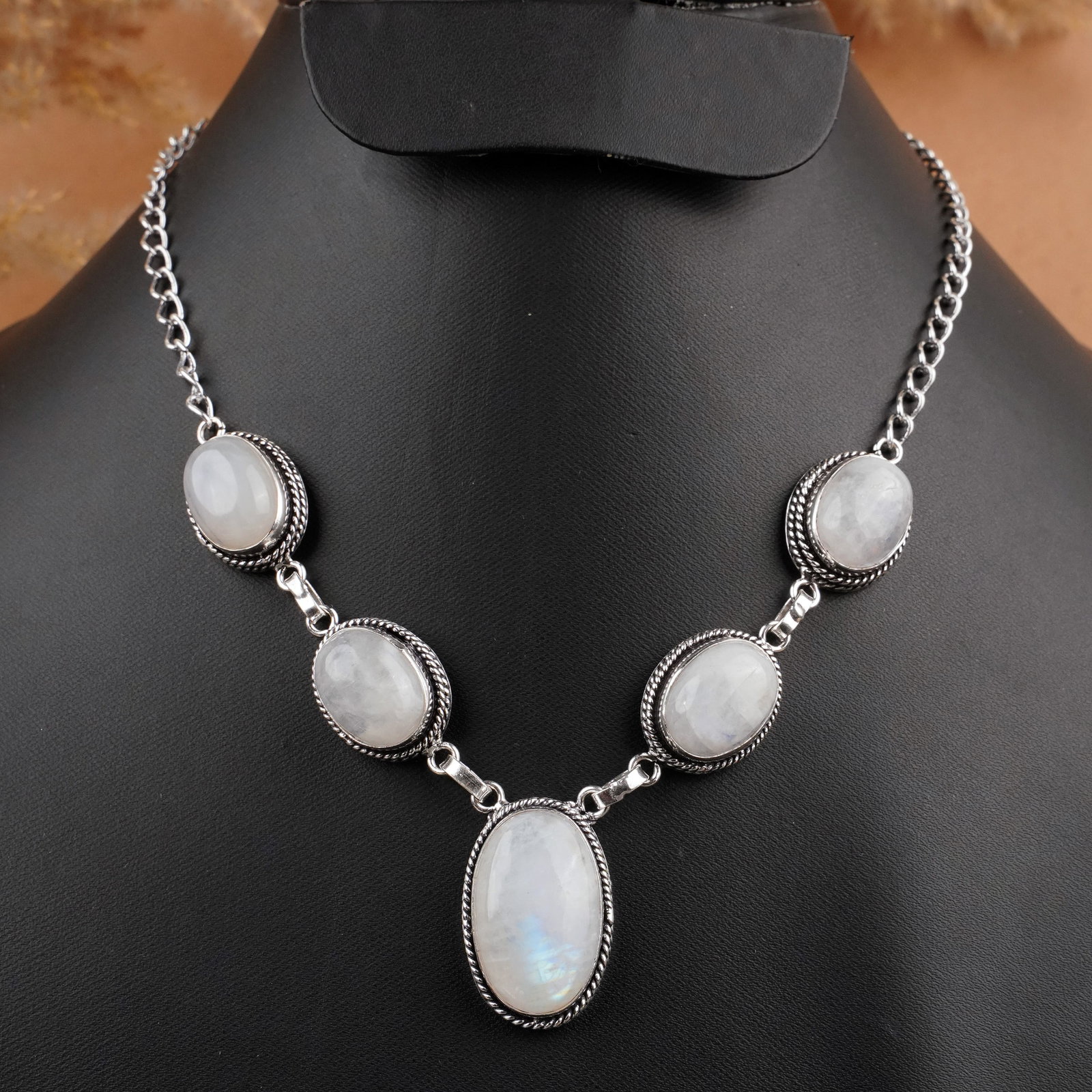 Natural Rainbow Moonstone Sterling Silver Plated Handmade Necklace: Product ID: 260409111211 Product - Handmade Silver Plated Necklace Metal - 92.5 Sterling Silver Plated Necklace Length - 18 Inch Gemstone - Rainbow Moonstone Gemstone Size - 12X16 MM ( 4 Stone) 20x16 