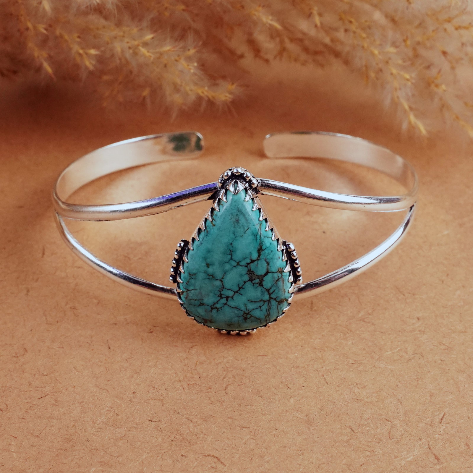 Natural Turquoise Sterling Silver Plated Handmade Cuff Bangle: Product ID: 260407184054 Product - Handmade Silver Plated Cuff Bangle Metal - 92.5 Sterling Silver Plated Bangle Size - 7.5x5.5 CM (Adjustable) Gemstone - Turquoise Gemstone Origin - Tibet Gemstone Si