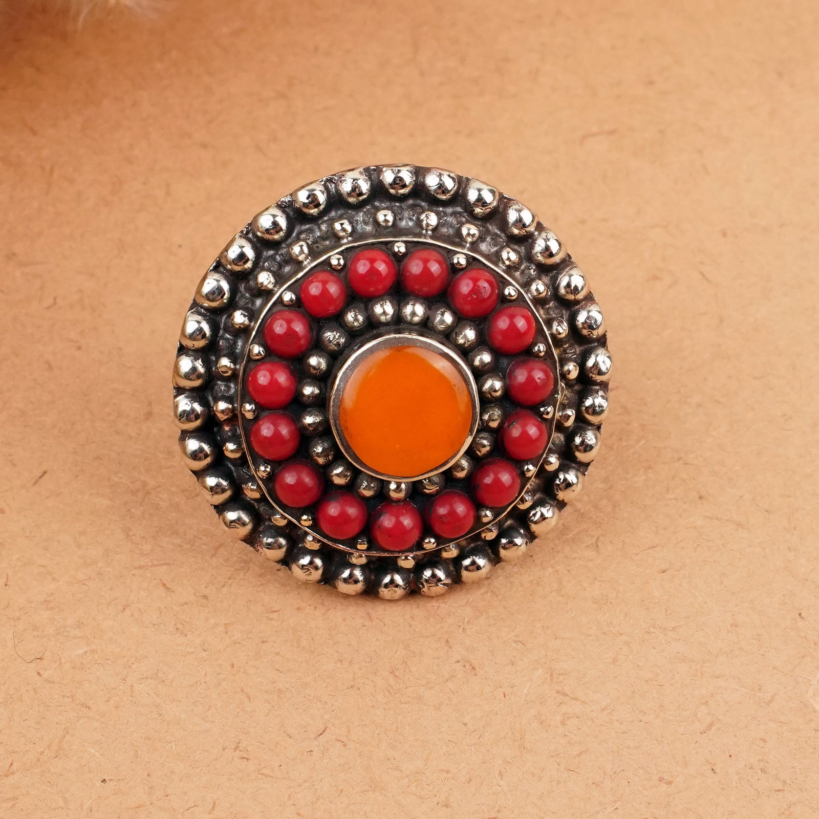 Tibetan Turquoise, Coral & Copal Handmade Ring - Free Size: Product ID: 260406162857 Product - Tibetan Handmade Ethnic Ring Ring Size - Free Size Ring Weight - 26 Gram Gemstone - Natural Turquoise & Coral & Copal Metal - Brass & Copper mix Metal Origin - Nepal