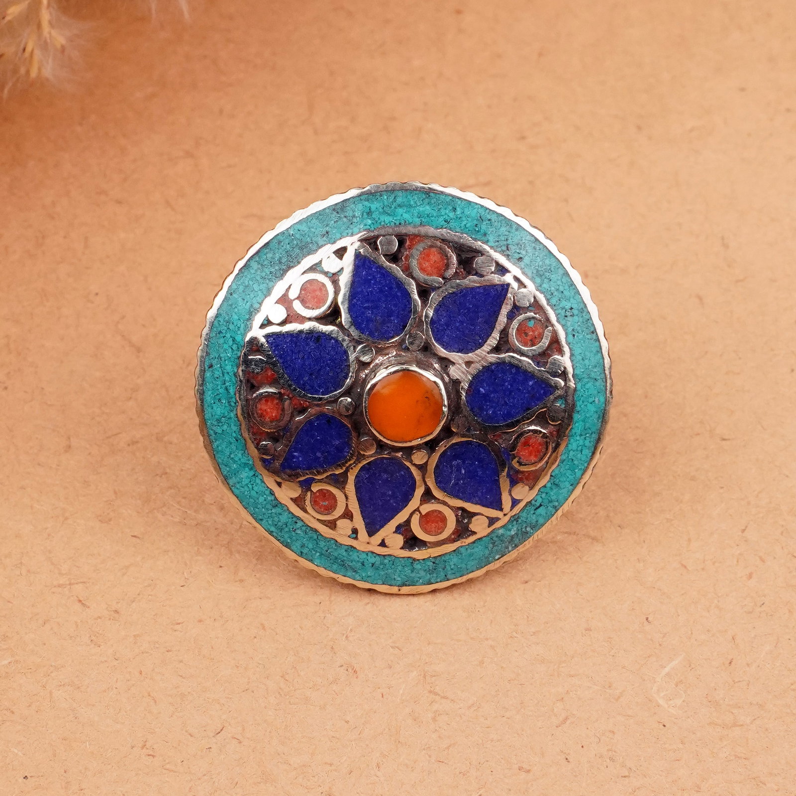 Tibetan Turquoise & Coral Handmade Ethnic Ring - Free Size: Product ID: 260406162522 Product - Tibetan Handmade Ethnic Ring Ring Size - Free Size Ring Weight - 19 Gram Gemstone - Natural Turquoise & Coral & Copal & Lapis Metal - Brass & Copper mix Metal Origin