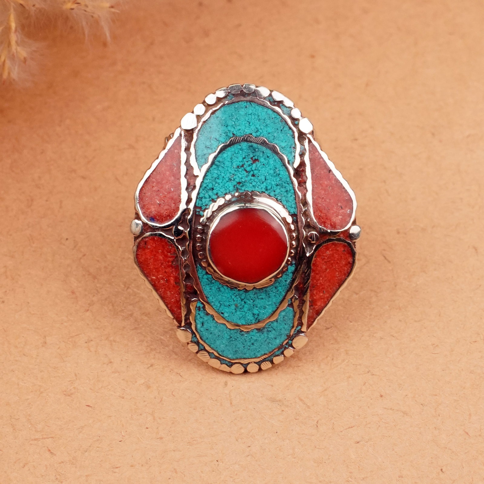 Tibetan Turquoise & Coral Handmade Ethnic Ring - Free Size: Product ID: 260406162002 Product - Tibetan Handmade Ethnic Ring Ring Size - Free Size Ring Weight - 18 Gram Gemstone - Natural Turquoise & Coral & Lapis Metal - Brass & Copper mix Metal Origin - Nepal