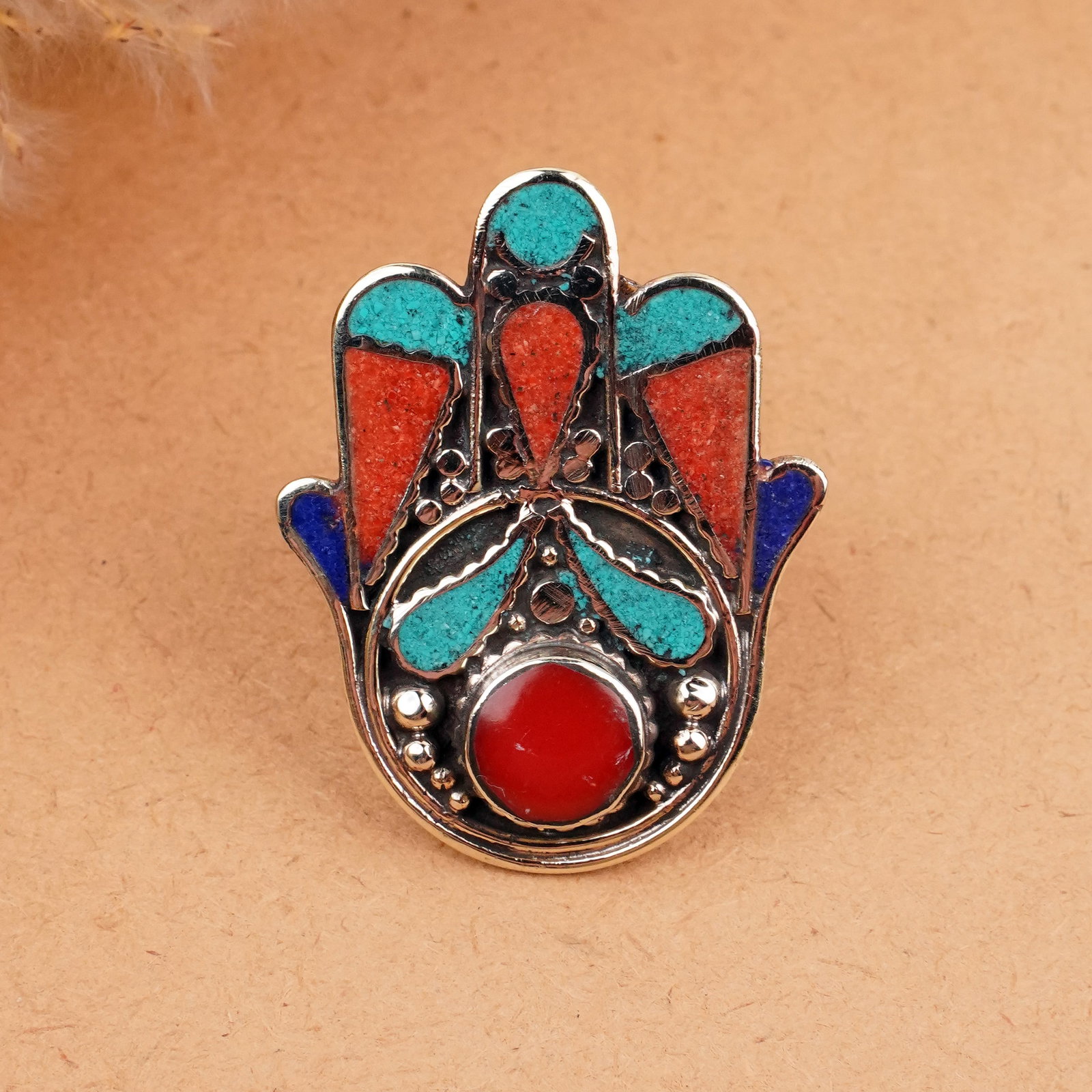 Tibetan Turquoise & Coral Handmade Fatima Hand Ring - Free Size: Product ID: 260406161631 Product - Tibetan Handmade Ethnic Ring Ring Size - Free Size Ring Weight - 17 Gram Gemstone - Natural Turquoise & Coral & Lapis Metal - Brass & Copper mix Metal Origin - Nepal