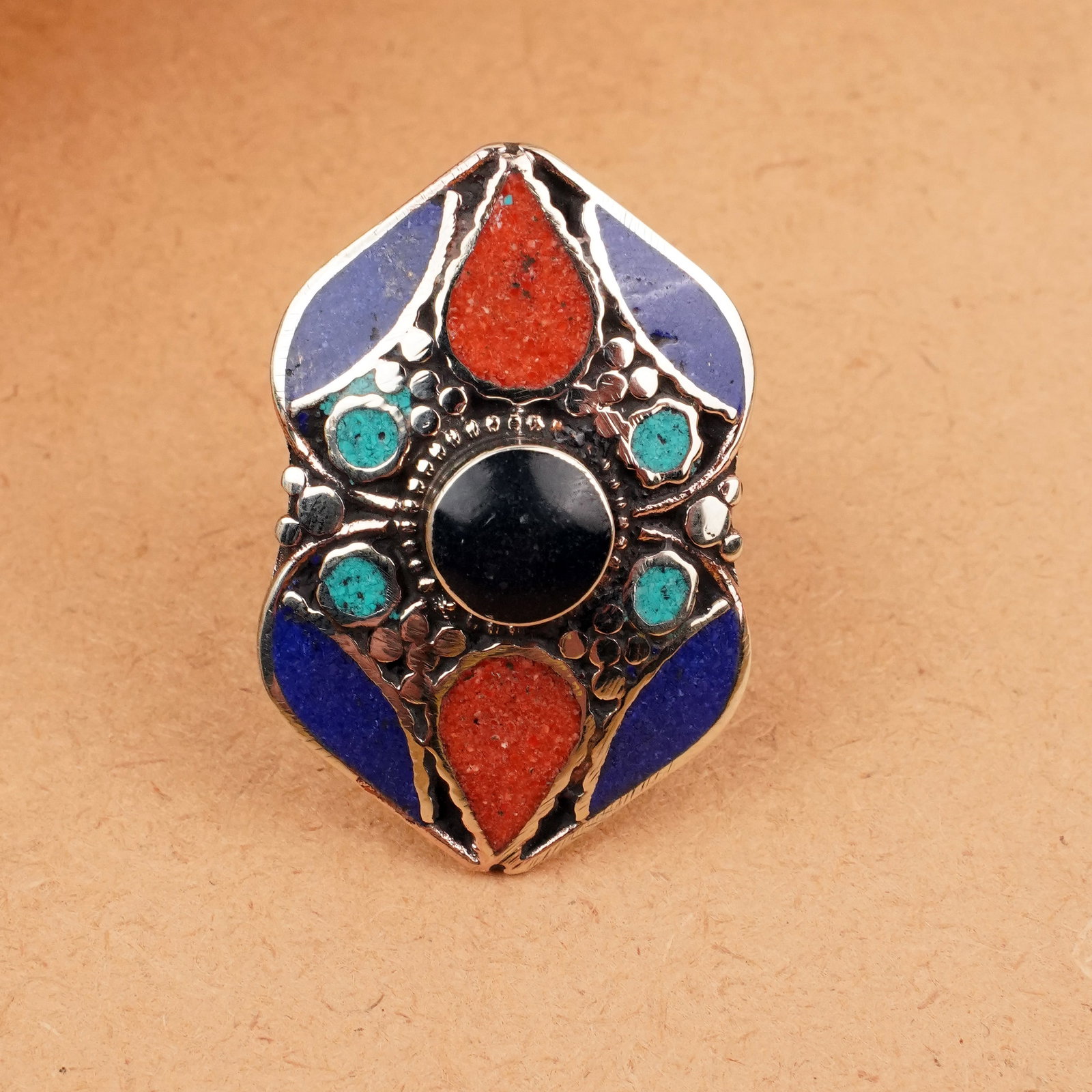 Tibetan Turquoise & Black Onyx & Coral Handmade Boho Ring - Free Size: Product ID: 260406161210 Product - Tibetan Handmade Ethnic Ring Ring Size - Free Size Ring Weight - 17 Gram Gemstone - Natural Turquoise & Black Onyx & Coral & Lapis Metal - Brass & Copper mix Metal O