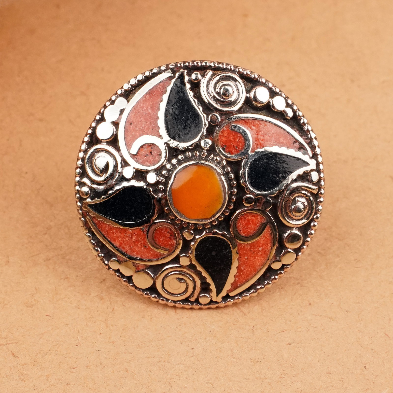 Tibetan Black Onyx & Coral Handmade Ethnic Ring - Free Size: Product ID: 260406160302 Product - Tibetan Handmade Ethnic Ring Ring Size - Free Size Ring Weight - 20 Gram Gemstone - Natural Black Onyx & Coral & Copal Metal - Brass & Copper mix Metal Origin - Nepa