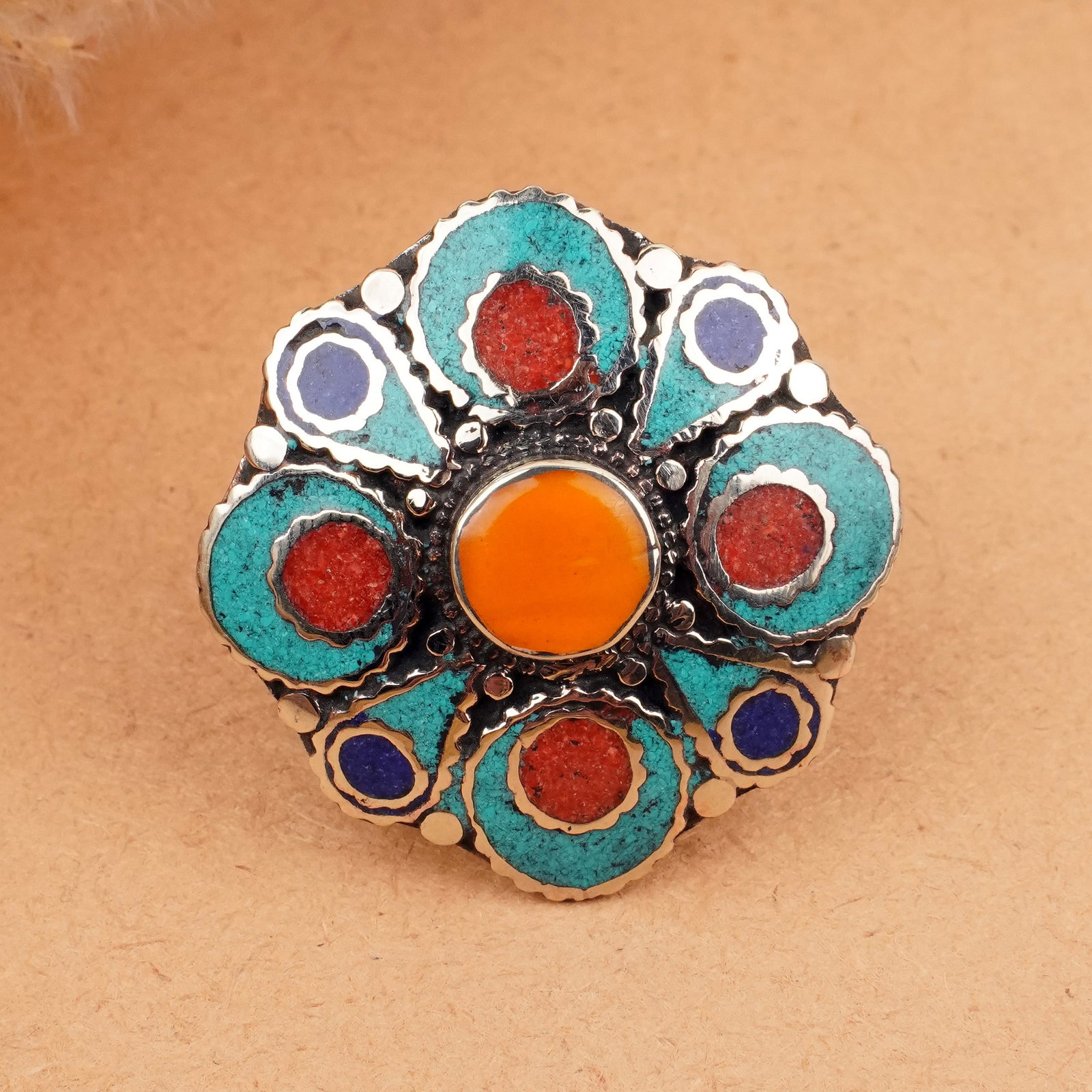 Tibetan Turquoise & Coral Handmade Boho Ring - Free Size: Product ID: 260406155222 Product - Tibetan Handmade Ethnic Ring Ring Size - Free Size Ring Weight - 18 Gram Gemstone - Natural Turquoise & Coral & Copal & Lapis Metal - Brass & Copper mix Metal Origin