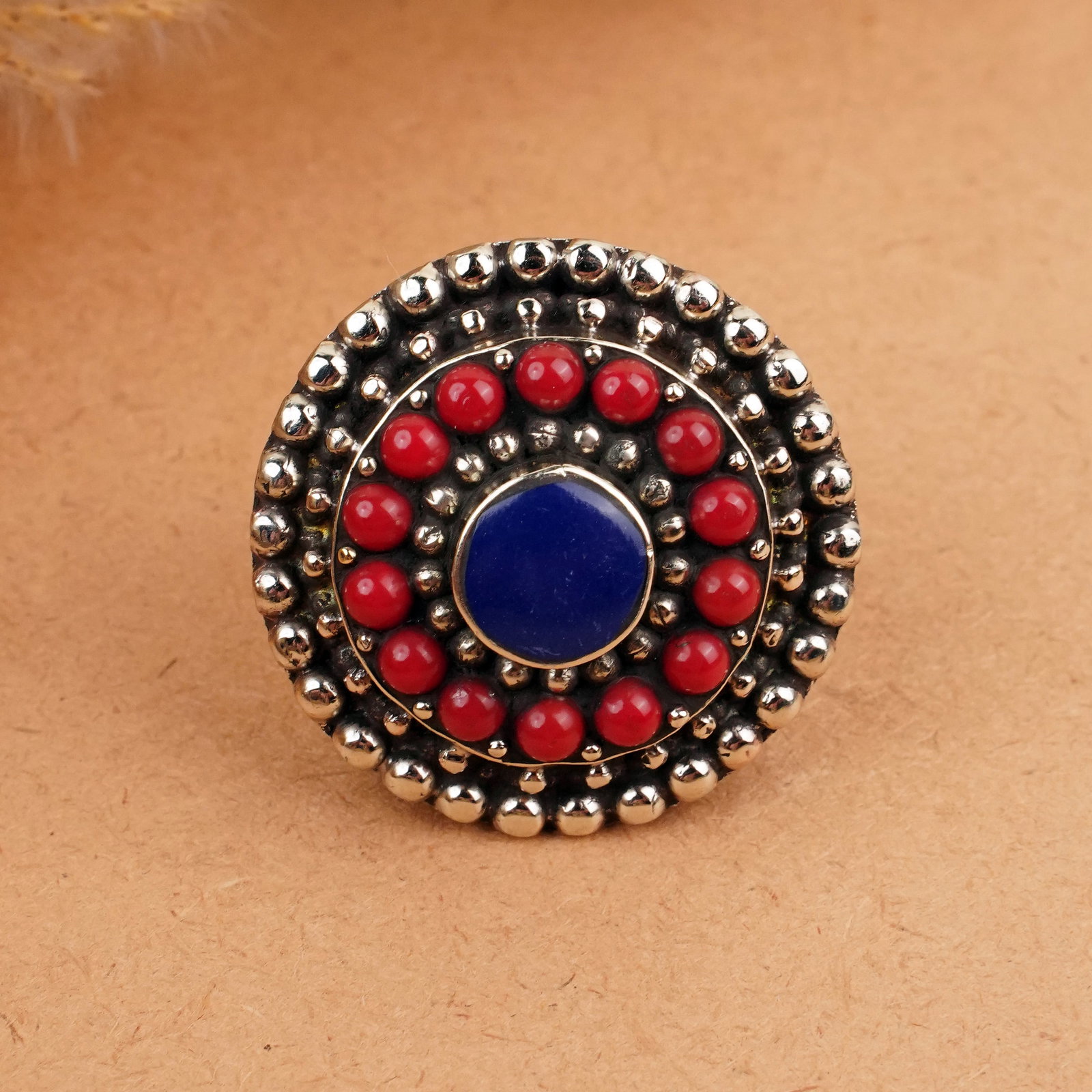 Tibetan Red Coral & Lapis Handmade Choker Ring - Free Size: Product ID: 260406153749 Product - Tibetan Ethnic Handmade Ring Ring Size - Free Size Ring Weight - 26 Gram Gemstone - Natural Turquoise, Coral & Lapis Metal - Brass & Copper mix Metal Origin - Nepal 