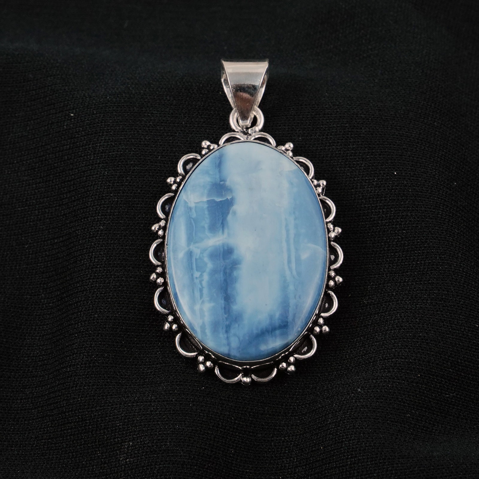 Natural Blue Opal Sterling Silver Plated Handmade Pendant: Product ID: 260405102814 Product - Handmade Silver Plated Pendant Metal - 92.5 Sterling Silver Plated Pendant Size - 4x3 CM Gemstone - Blue Opal Gemstone Origin - Indonesia Gemstone Shape - Oval Penda