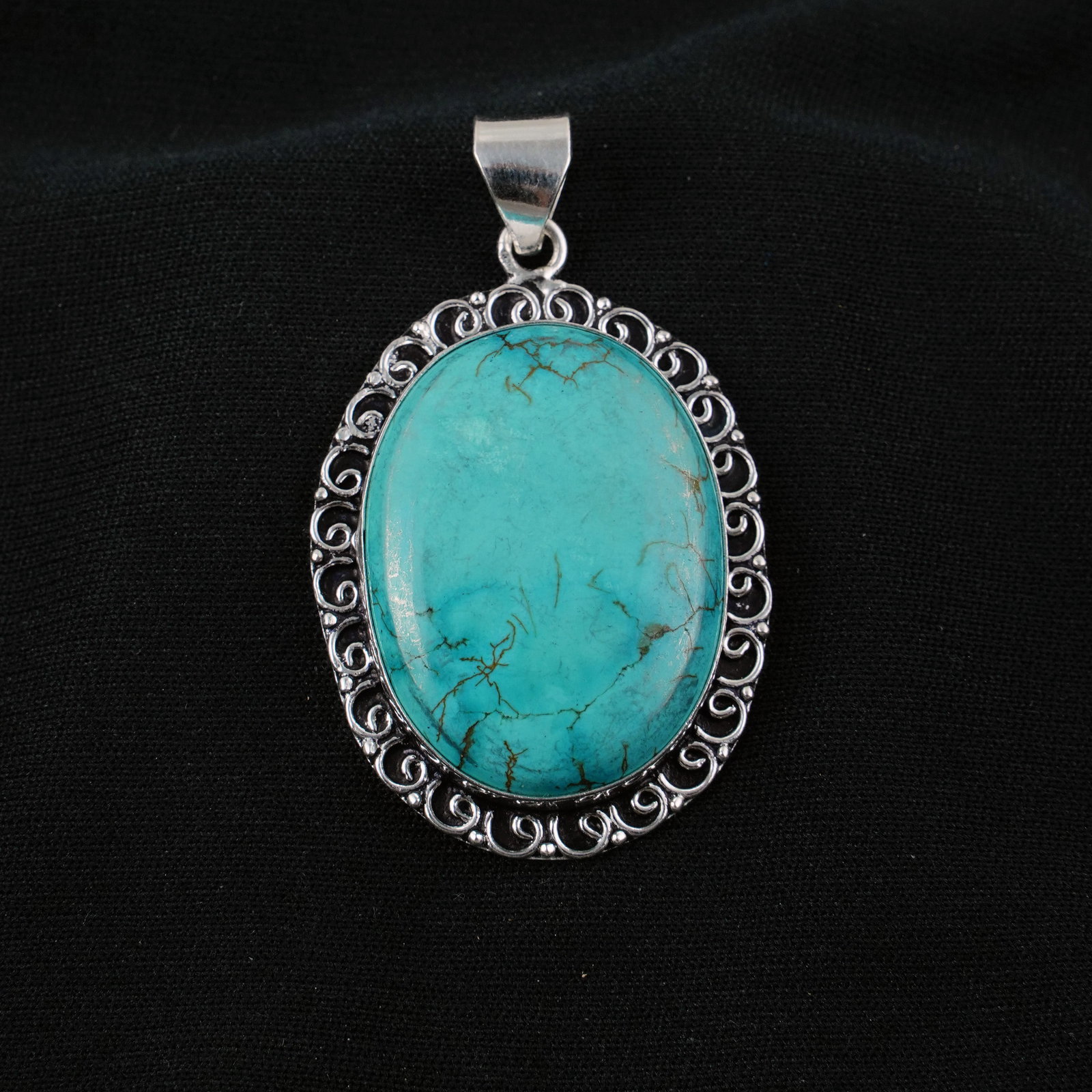 Natural Turquoise Sterling Silver Plated Handmade Pendant: Product ID: 260405101546 Product - Handmade Silver Plated Pendant Metal - 92.5 Sterling Silver Plated Pendant Size - 4.5x3.5 CM Gemstone - Turquoise Gemstone Origin - Tibet Gemstone Shape - Oval Penda