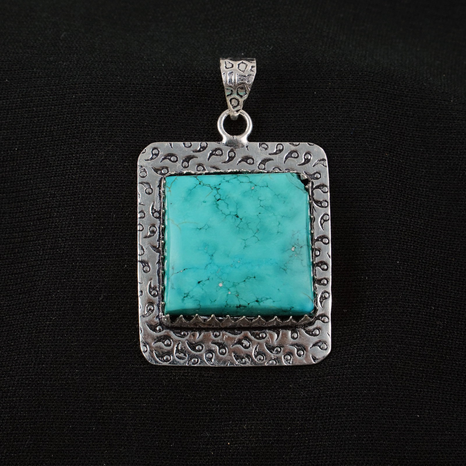 Natural Turquoise Sterling Silver Plated Handmade Pendant: Product ID: 260405101032 Product - Handmade Silver Plated Pendant Metal - 92.5 Sterling Silver Plated Pendant Size - 3.5x3 CM Gemstone - Turquoise Gemstone Origin - Tibet Gemstone Shape - Square Penda