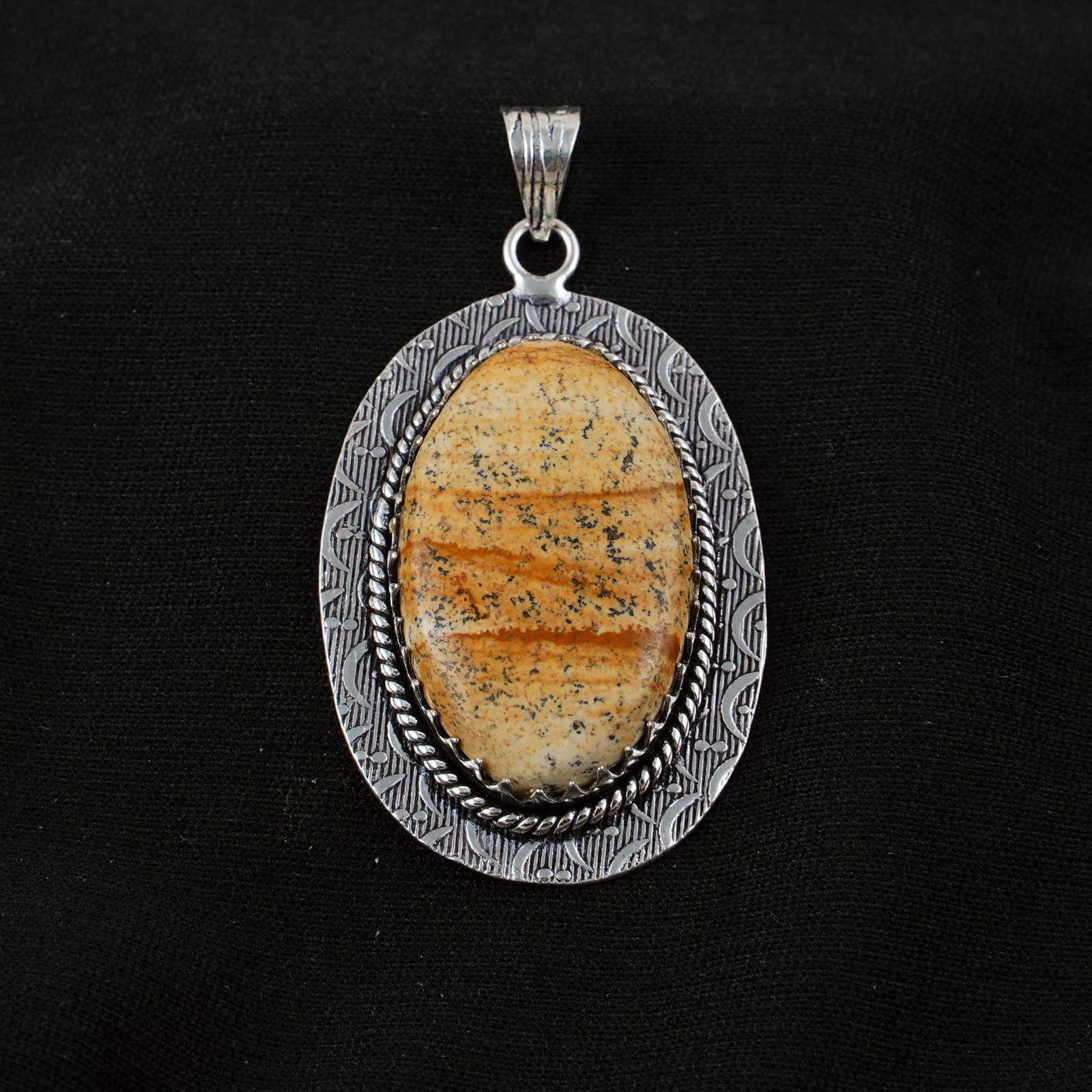 Natural Picture Jasper Sterling Silver Plated Handmade Pendant: Product ID: 260404211647 Product - Handmade Silver Plated Pendant Metal - 92.5 Sterling Silver Plated Pendant Size - 4.5x3 CM Gemstone - Picture Jasper Gemstone Origin - Indonesia Gemstone Shape - Ova